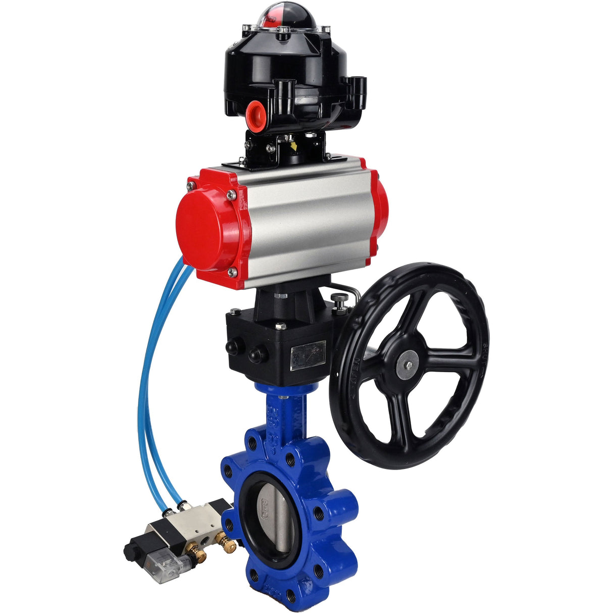 Vanne papillon d'eau Elephant WBV1631N-2W-Fb-H, matériau du corps - fonte QT450, matériau du disque - acier inoxydable AISI 304, joint - NBR, actionneur pneumatique PA-DA double action, 4V320-08 220V, BKV APL-510N EX, volant MON