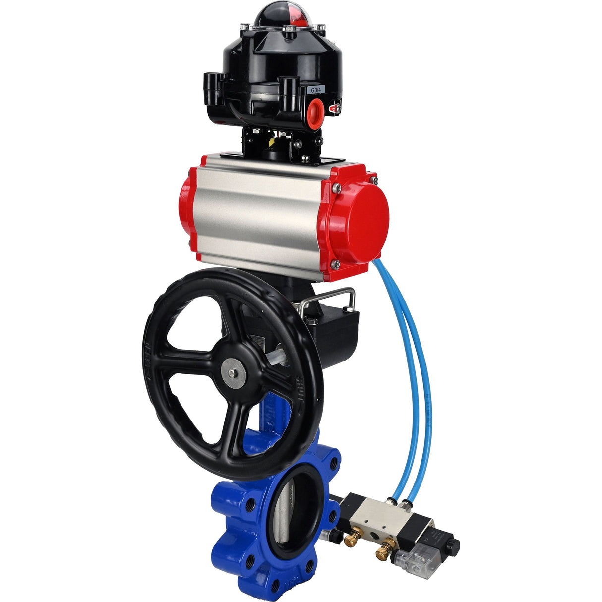Vanne papillon d'eau Elephant WBV1631N-2W-Fb-H, matériau du corps - fonte QT450, matériau du disque - acier inoxydable AISI 304, joint - NBR, actionneur pneumatique PA-DA double action, 4V320-08 220V, BKV APL-510N EX, volant MON