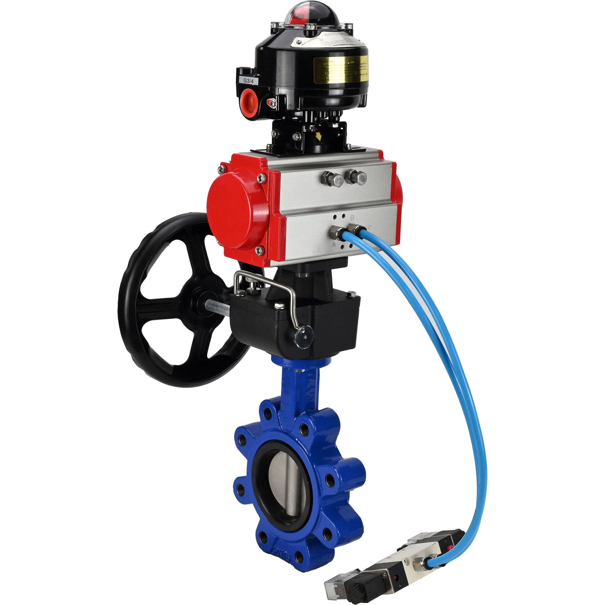 Vanne papillon d'eau Elephant WBV1631N-2W-Fb-H, matériau du corps - fonte QT450, matériau du disque - acier inoxydable AISI 304, joint - NBR, actionneur pneumatique PA-DA double action, 4V320-08 220V, BKV APL-510N EX, volant MON