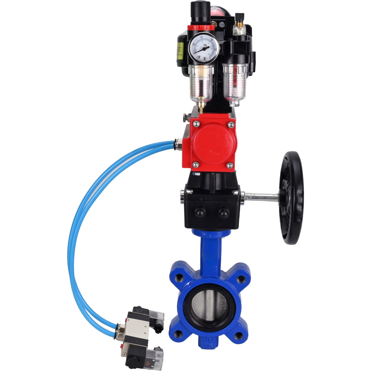 Vanne papillon d'eau Elephant WBV1631N-2W-Fb-H, matériau du corps - fonte QT450, matériau du disque - acier inoxydable AISI 304, joint - NBR, actionneur pneumatique PA-DA double action, 4V320-08 220V, BKV APL-510N EX, volant MON, BPV AFC2000