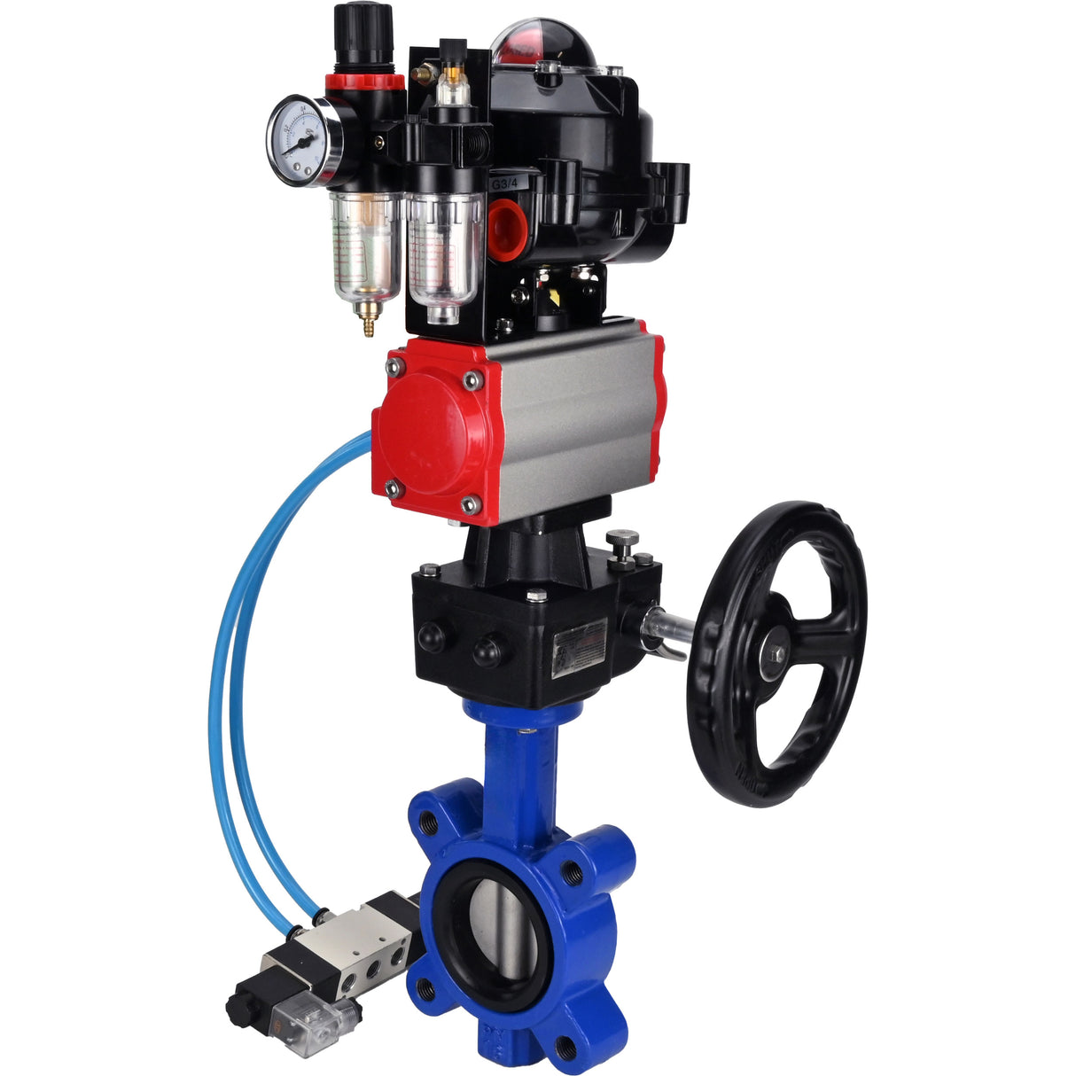Vanne papillon d'eau Elephant WBV1631N-2W-Fb-H, matériau du corps - fonte QT450, matériau du disque - acier inoxydable AISI 304, joint - NBR, actionneur pneumatique PA-DA double action, 4V320-08 220V, BKV APL-510N EX, volant MON, BPV AFC2000