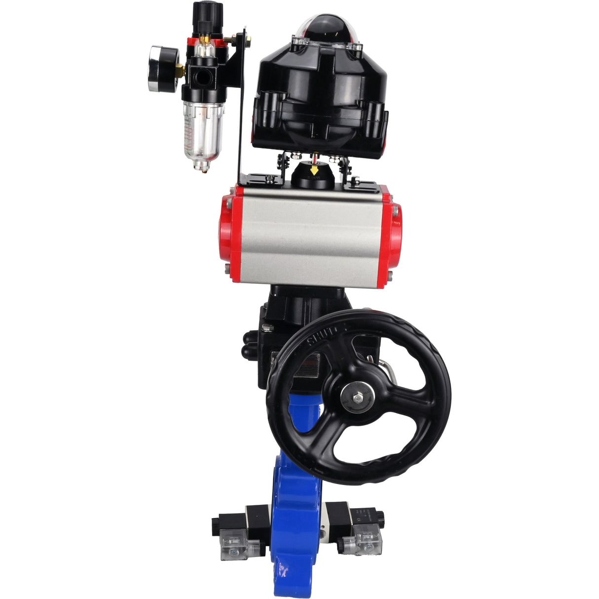 Vanne papillon d'eau Elephant WBV1631N-2W-Fb-H, matériau du corps - fonte QT450, matériau du disque - acier inoxydable AISI 304, joint - NBR, actionneur pneumatique PA-DA double action, 4V320-08 220V, BKV APL-510N EX, volant MON, BPV AFC2000