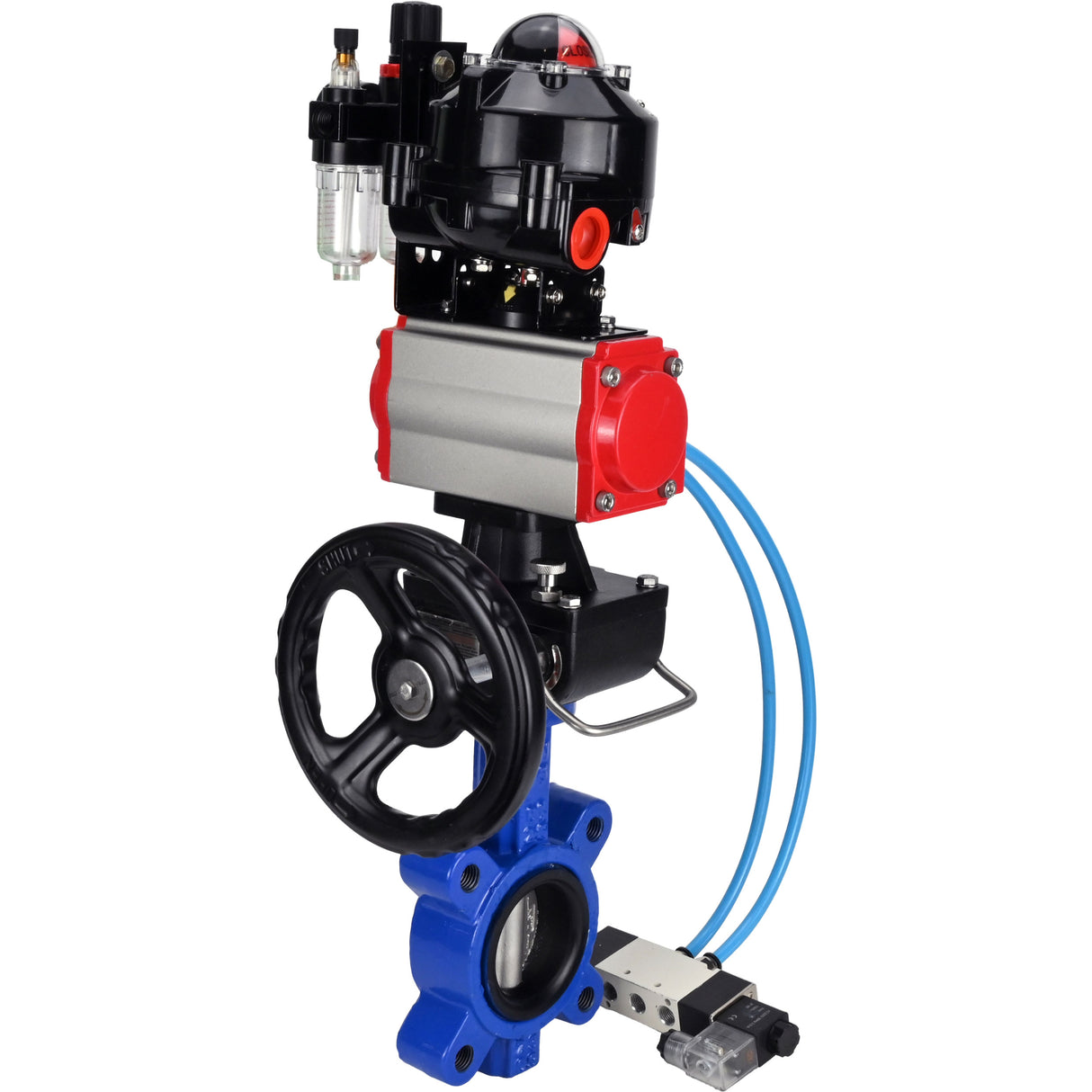 Vanne papillon d'eau Elephant WBV1631N-2W-Fb-H, matériau du corps - fonte QT450, matériau du disque - acier inoxydable AISI 304, joint - NBR, actionneur pneumatique PA-DA double action, 4V320-08 220V, BKV APL-510N EX, volant MON, BPV AFC2000