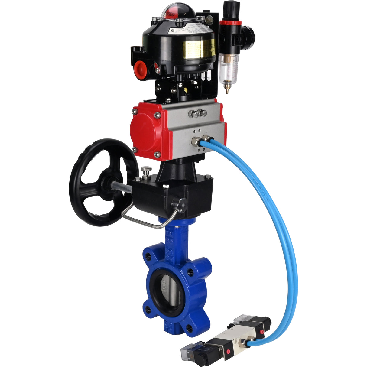 Vanne papillon d'eau Elephant WBV1631N-2W-Fb-H, matériau du corps - fonte QT450, matériau du disque - acier inoxydable AISI 304, joint - NBR, actionneur pneumatique PA-DA double action, 4V320-08 220V, BKV APL-510N EX, volant MON, BPV AFC2000