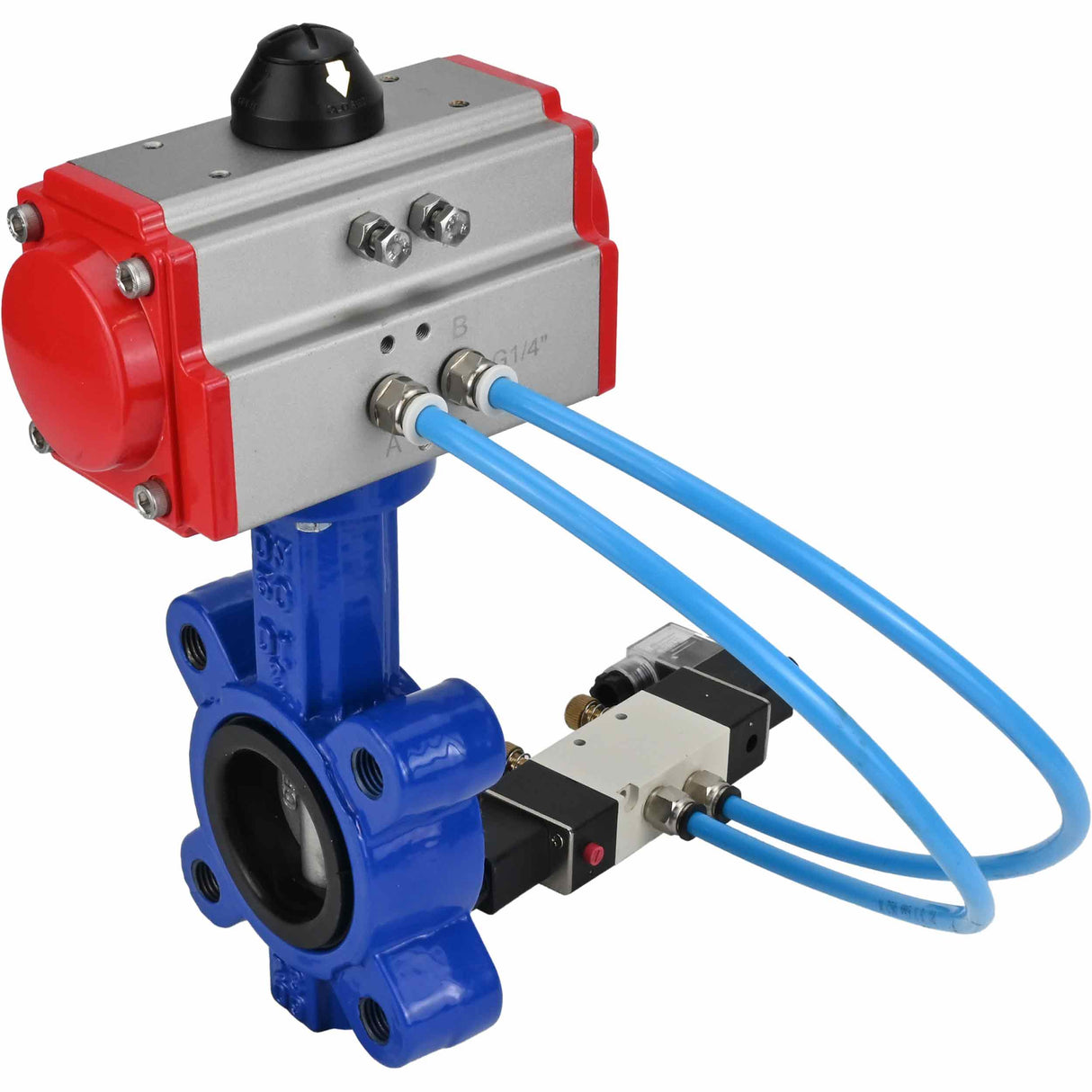 Vanne papillon d'eau Elephant WBV1631N-2W-Fb-H, matériau du corps - fonte QT450, matériau du disque - acier inoxydable AISI 304, joint - NBR, avec actionneur pneumatique double effet PA-DA, 4V320-08 220V