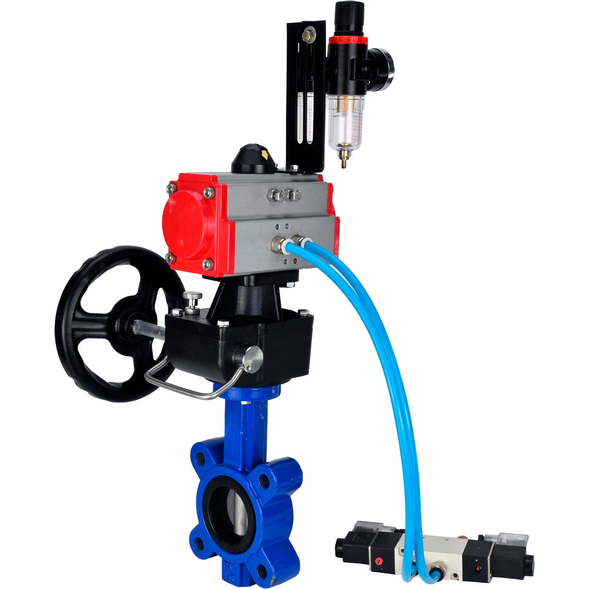 Vanne papillon d'eau Elephant WBV1631N-2W-Fb-H, matériau du corps - fonte QT450, matériau du disque - acier inoxydable AISI 304, joint - NBR, actionneur pneumatique PA-DA double action, volant manuel 4V320-08 220V MON, BPV AFC2000