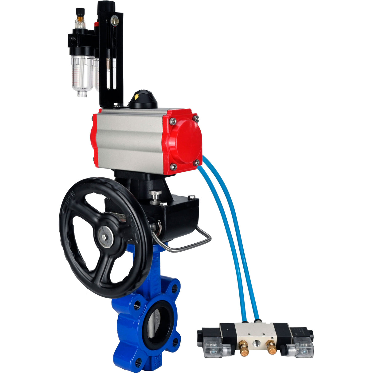 Vanne papillon d'eau Elephant WBV1631N-2W-Fb-H, matériau du corps - fonte QT450, matériau du disque - acier inoxydable AISI 304, joint - NBR, actionneur pneumatique PA-DA double action, volant manuel 4V320-08 220V MON, BPV AFC2000
