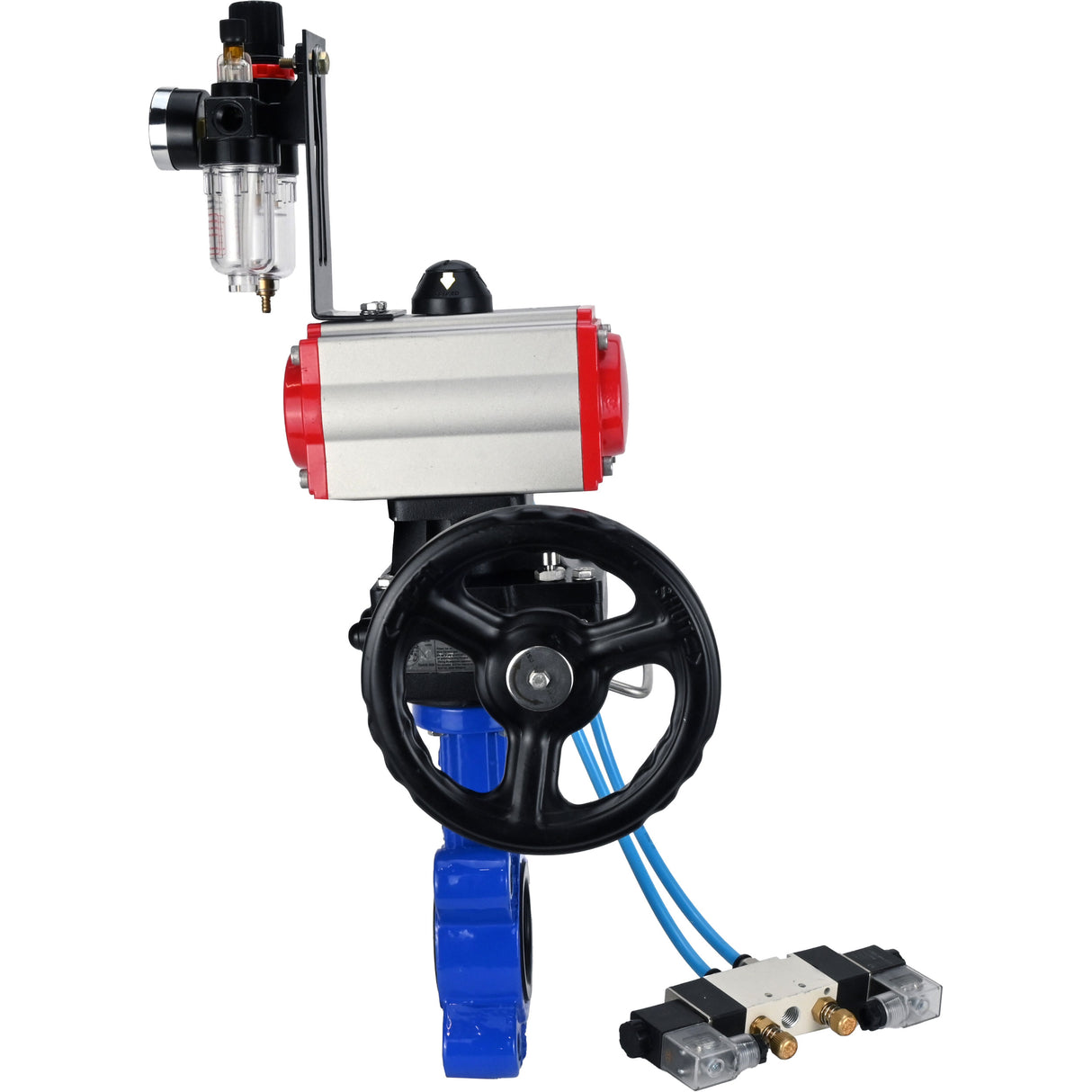 Vanne papillon d'eau Elephant WBV1631N-2W-Fb-H, matériau du corps - fonte QT450, matériau du disque - acier inoxydable AISI 304, joint - NBR, actionneur pneumatique PA-DA double action, volant manuel 4V320-08 220V MON, BPV AFC2000