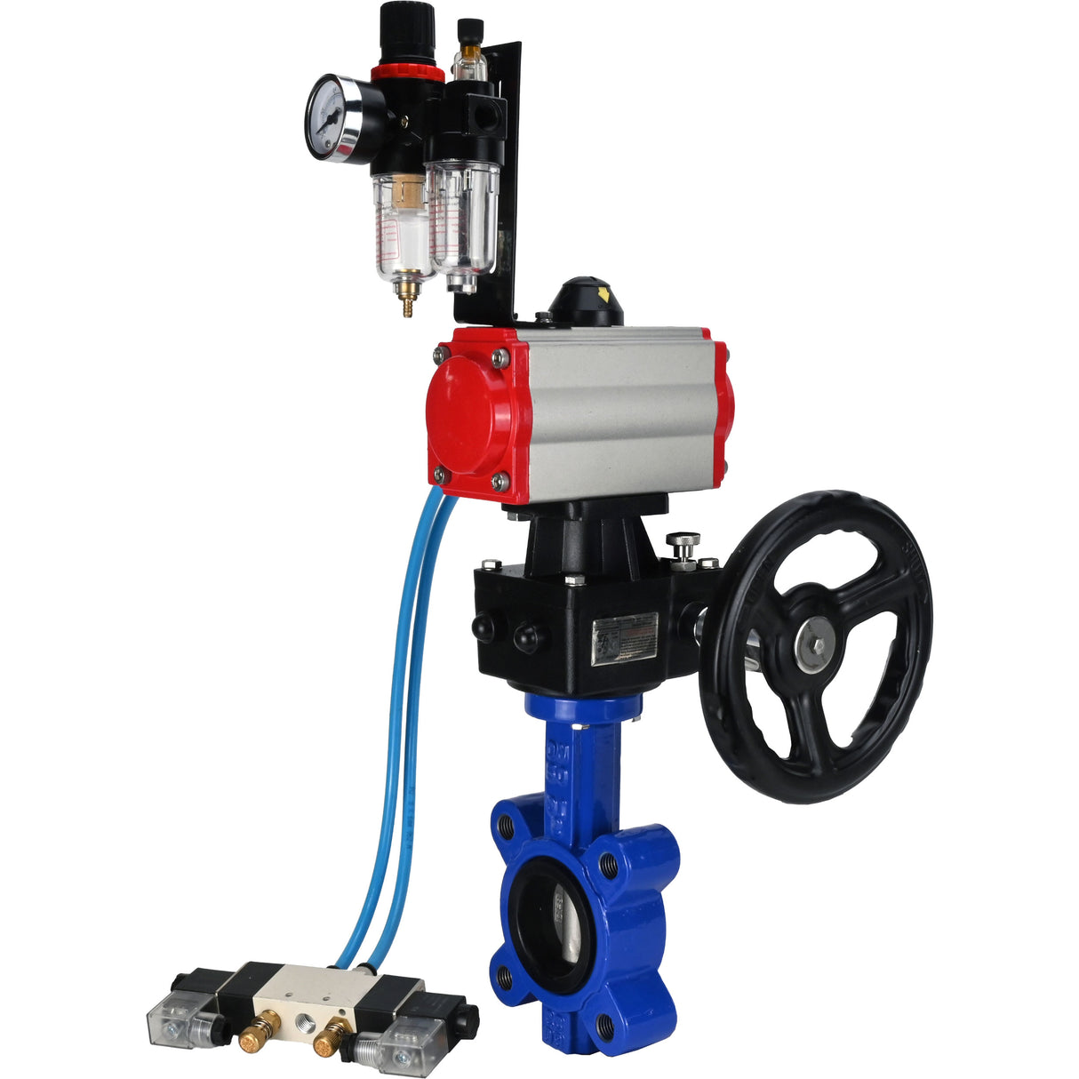 Vanne papillon d'eau Elephant WBV1631N-2W-Fb-H, matériau du corps - fonte QT450, matériau du disque - acier inoxydable AISI 304, joint - NBR, actionneur pneumatique PA-DA double action, volant manuel 4V320-08 220V MON, BPV AFC2000