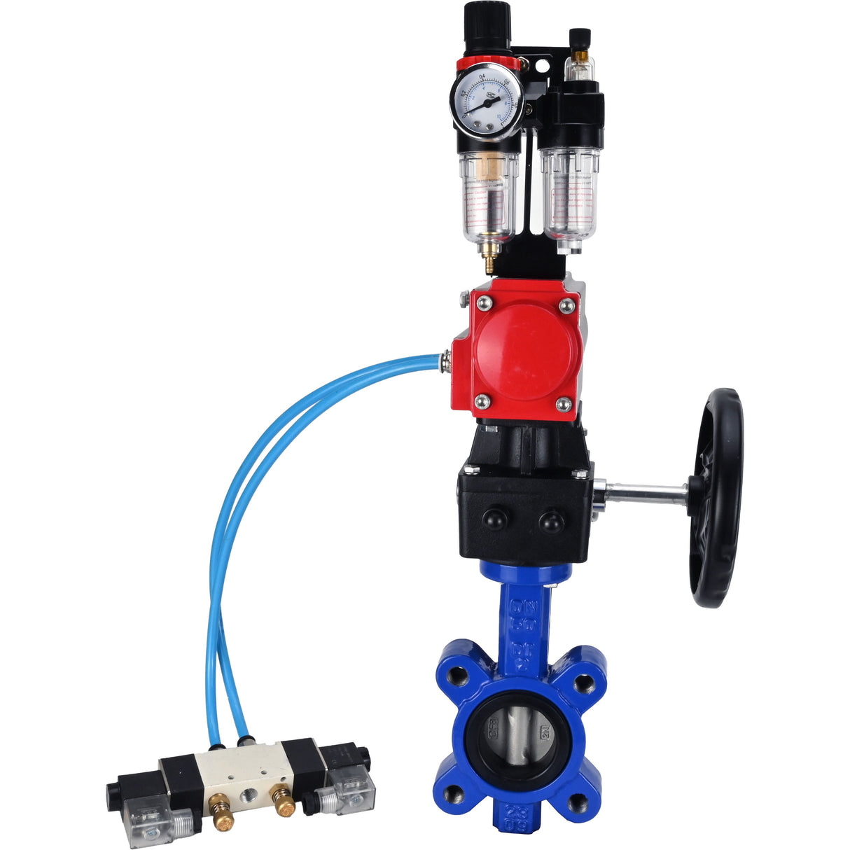 Vanne papillon d'eau Elephant WBV1631N-2W-Fb-H, matériau du corps - fonte QT450, matériau du disque - acier inoxydable AISI 304, joint - NBR, actionneur pneumatique PA-DA double action, volant manuel 4V320-08 220V MON, BPV AFC2000