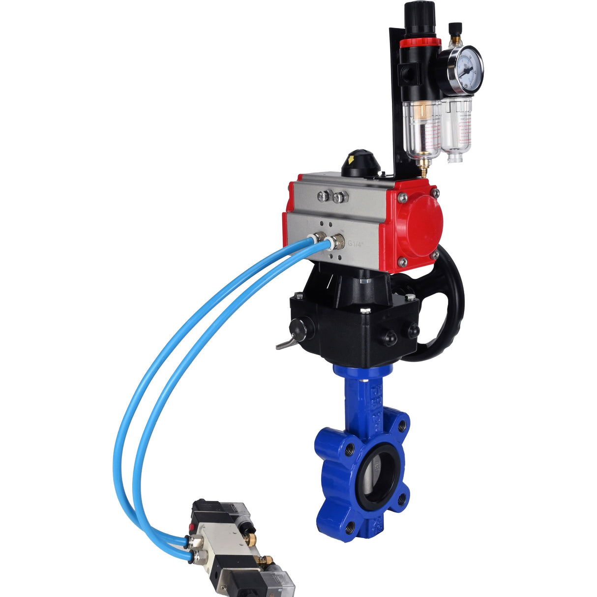 Vanne papillon d'eau Elephant WBV1631N-2W-Fb-H, matériau du corps - fonte QT450, matériau du disque - acier inoxydable AISI 304, joint - NBR, actionneur pneumatique PA-DA double action, volant manuel 4V320-08 220V MON, BPV AFC2000