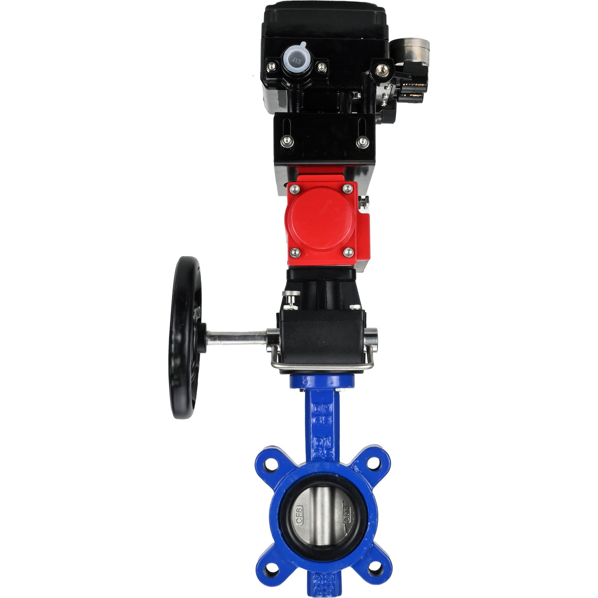 Vanne papillon d'eau Elephant WBV1631N-2W-Fb-H, matériau du corps - fonte QT450, matériau du disque - acier inoxydable AISI 304, joint - NBR, actionneur pneumatique PA-DA double action, positionneur YT-1000RSN sans rétroaction, volant MON