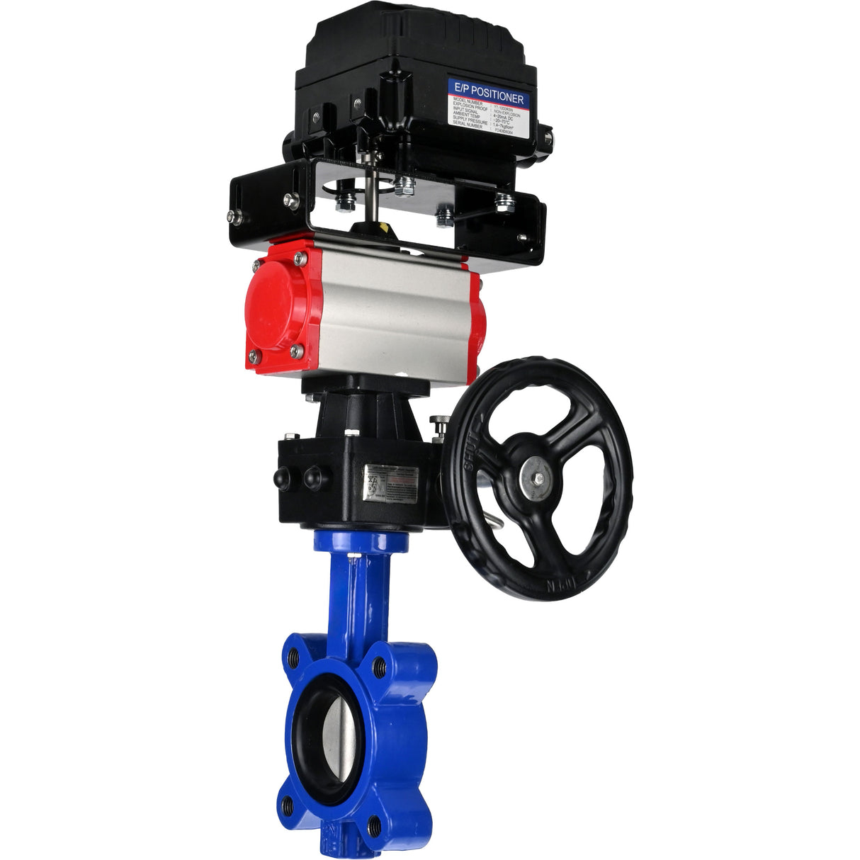 Vanne papillon d'eau Elephant WBV1631N-2W-Fb-H, matériau du corps - fonte QT450, matériau du disque - acier inoxydable AISI 304, joint - NBR, actionneur pneumatique PA-DA double action, positionneur YT-1000RSN sans rétroaction, volant MON