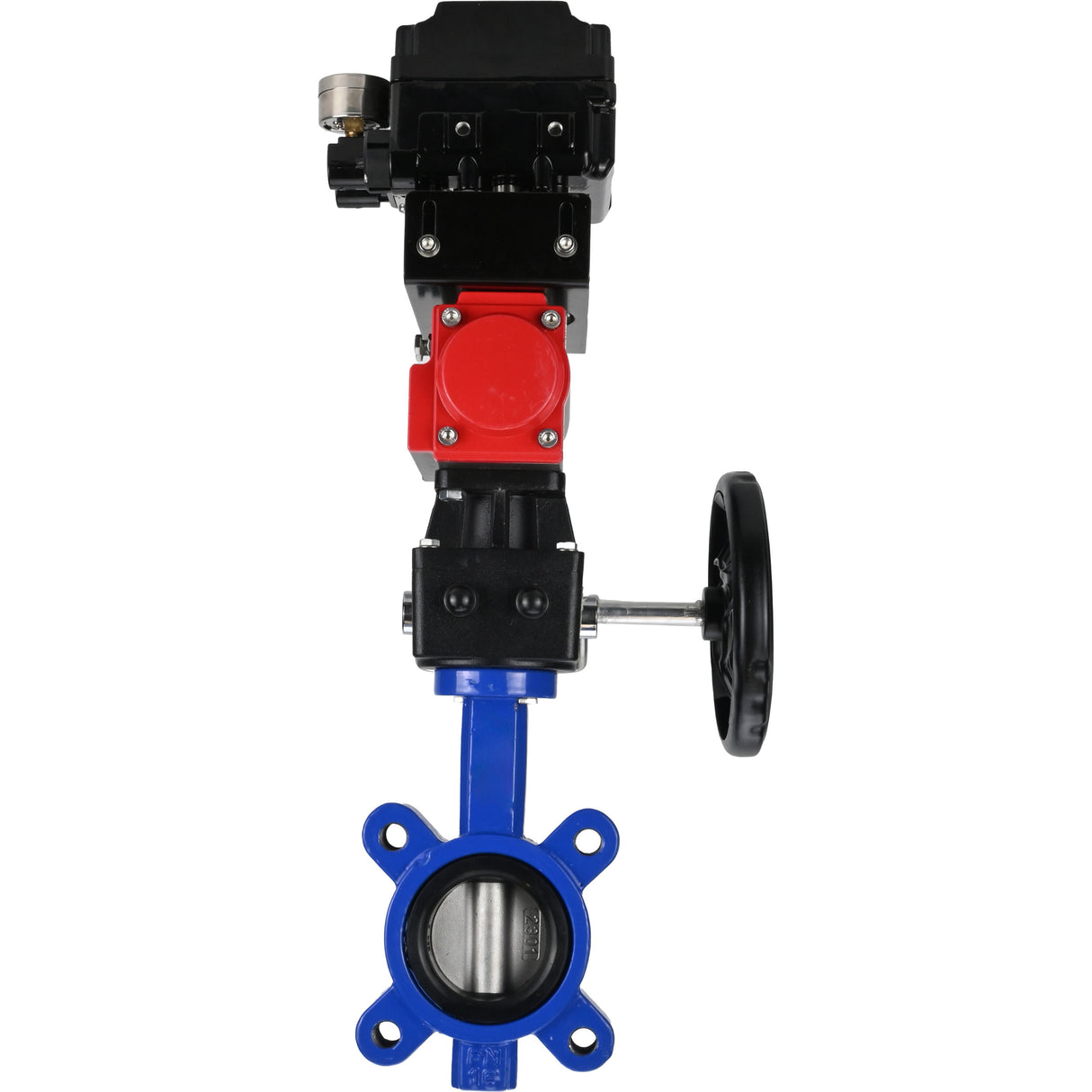 Vanne papillon d'eau Elephant WBV1631N-2W-Fb-H, matériau du corps - fonte QT450, matériau du disque - acier inoxydable AISI 304, joint - NBR, actionneur pneumatique PA-DA double action, positionneur YT-1000RSN sans rétroaction, volant MON