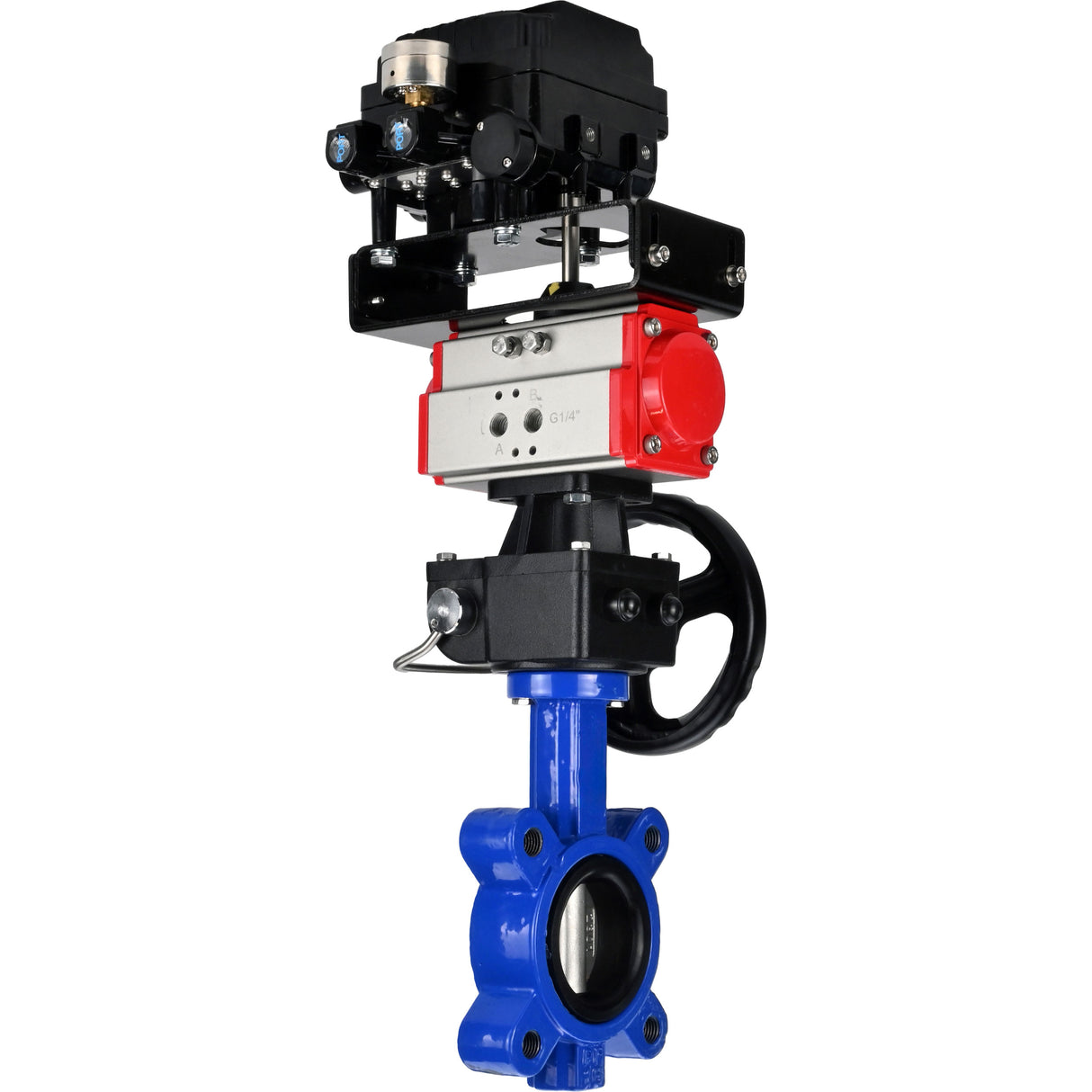 Vanne papillon d'eau Elephant WBV1631N-2W-Fb-H, matériau du corps - fonte QT450, matériau du disque - acier inoxydable AISI 304, joint - NBR, actionneur pneumatique PA-DA double action, positionneur YT-1000RSN sans rétroaction, volant MON