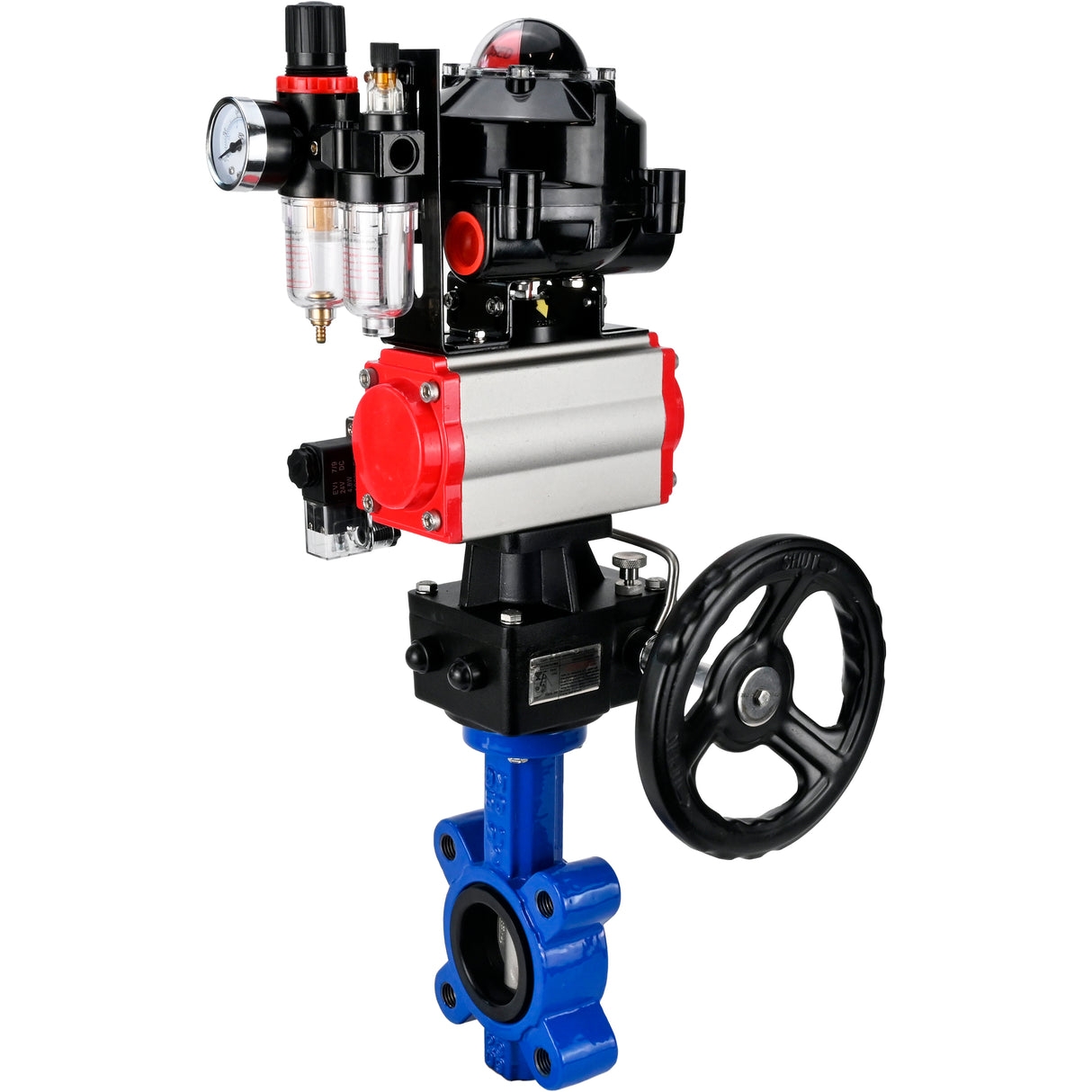 Vanne papillon d'eau Elephant WBV1631N-2W-Fb-H, matériau du corps - fonte QT450, matériau du disque - acier inoxydable AISI 304, joint - NBR, actionneur pneumatique PA-DA double action, 4M310-08 220V, BKV APL-510N EX, volant MON, BPV AFC2000