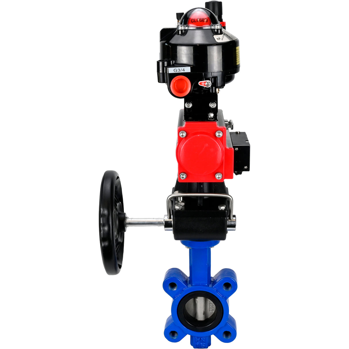 Vanne papillon d'eau Elephant WBV1631N-2W-Fb-H, matériau du corps - fonte QT450, matériau du disque - acier inoxydable AISI 304, joint - NBR, actionneur pneumatique PA-DA double action, 4M310-08 220V, BKV APL-510N EX, volant MON, BPV AFC2000