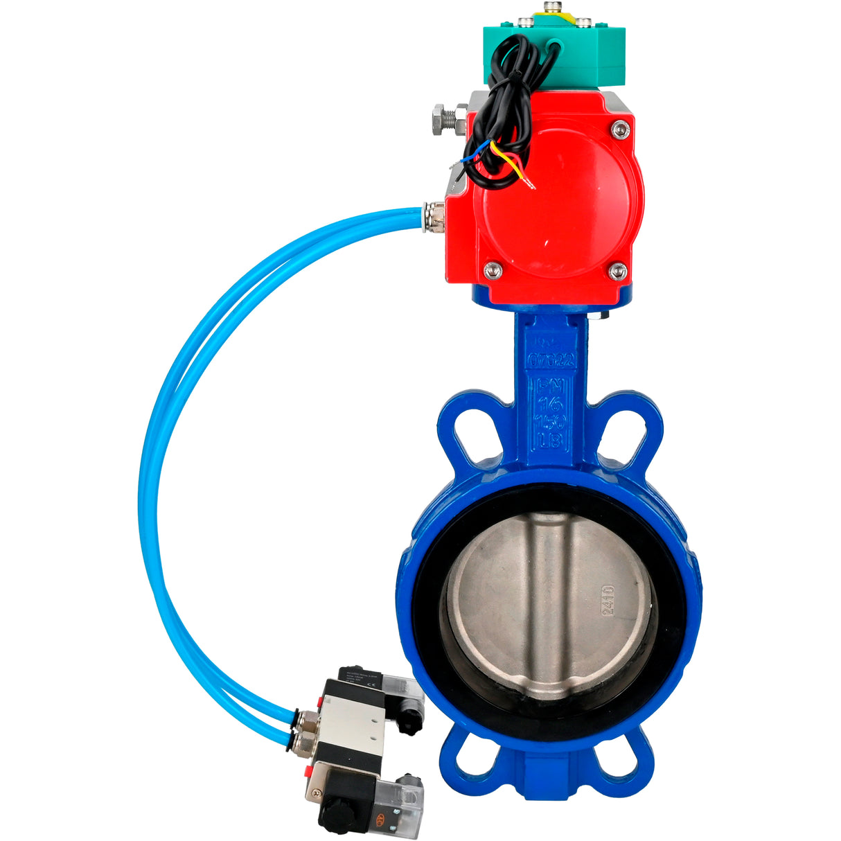 Water Butterfly Valve for abrasive media  Elephant WBV1632E-2W-Fb-H DN40-200 16 bar body - QT450 cast iron, disc - 316L stainless steel, seal - EPDM, with pneumatic actuator PA-DA-XXX, pneumatic distributor 4V320-10 220V and ALS200D magnetic switch