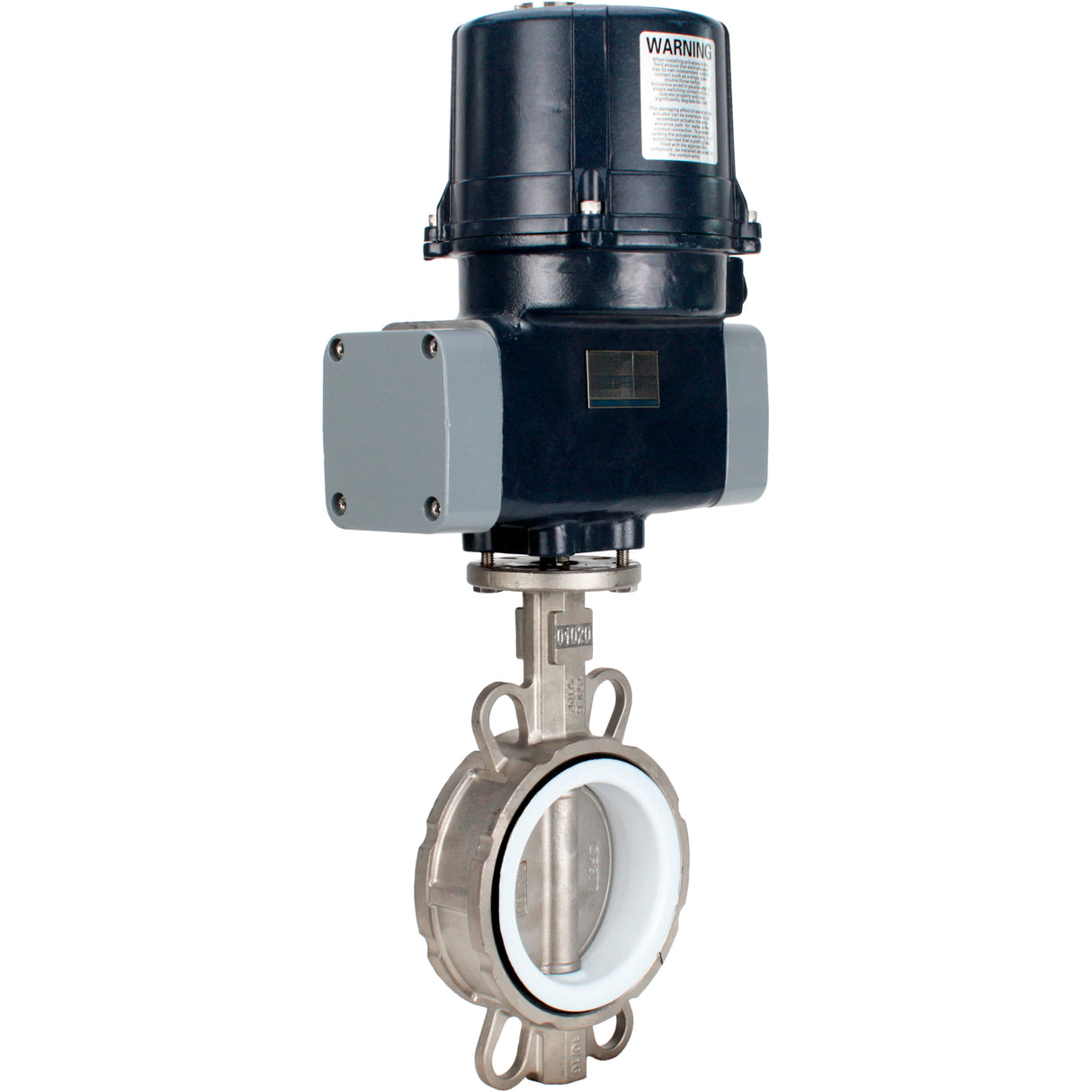Butterfly valves Elephant WBV3232P-2W-Fb-H interflanged, body - stainless steel AISI 316L, disc - stainless steel 316L, seal - PTFE, with electric quarter turn actuator Elephant QTSA-N-EM-O0-220VAC