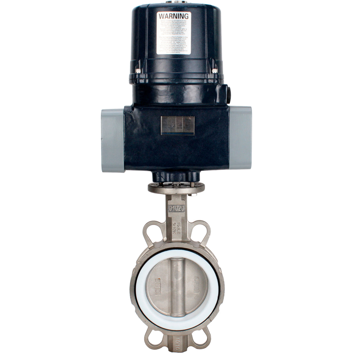 Butterfly valves Elephant WBV3232P-2W-Fb-H interflanged, body - stainless steel AISI 316L, disc - stainless steel 316L, seal - PTFE, with electric quarter turn actuator Elephant QTSA-N-EM-O0-220VAC
