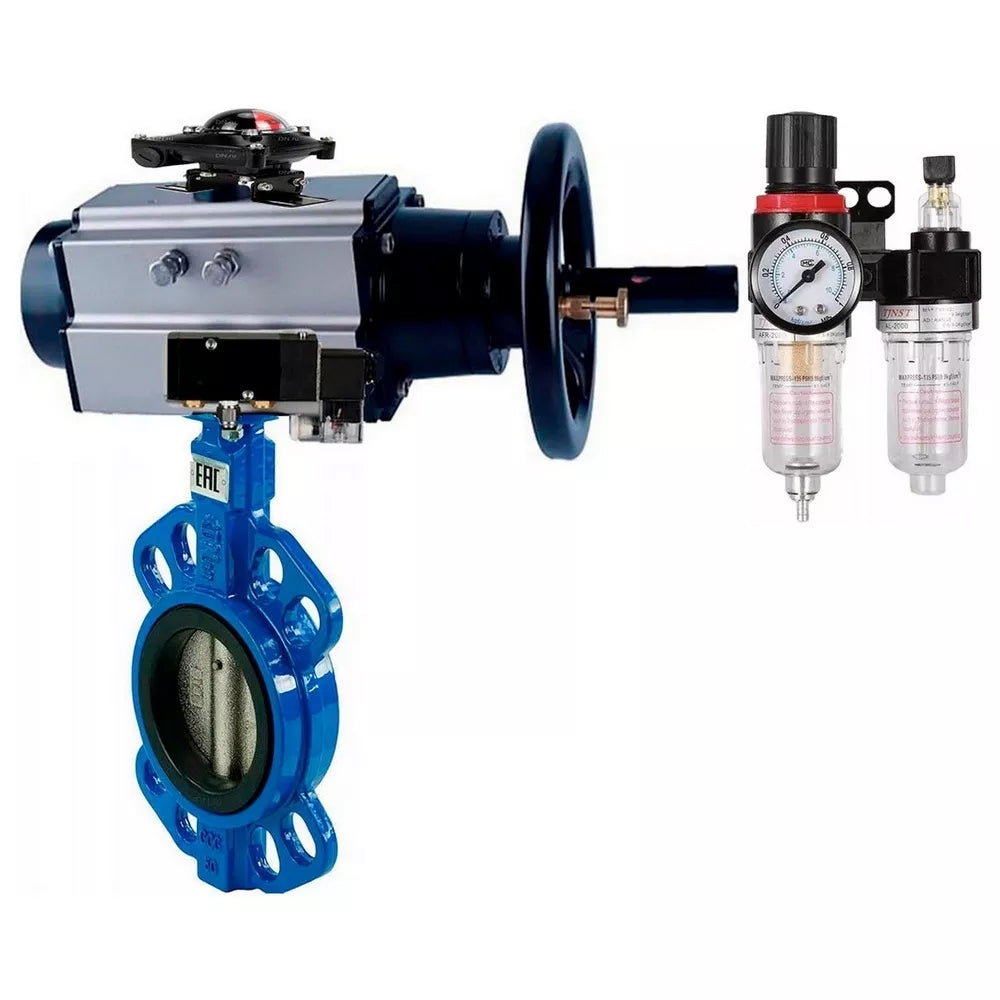 Vanne papillon d'eau Elephant WBV1432N-2W-Fb-H, matériau du corps - fonte GGG50, matériau du disque - acier inoxydable AISI 316L, joint - NBR, avec actionneur pneumatique double effet PA-DA-105-1, 4V320-10 220V, BKV APL-210N, BPV AFC2000