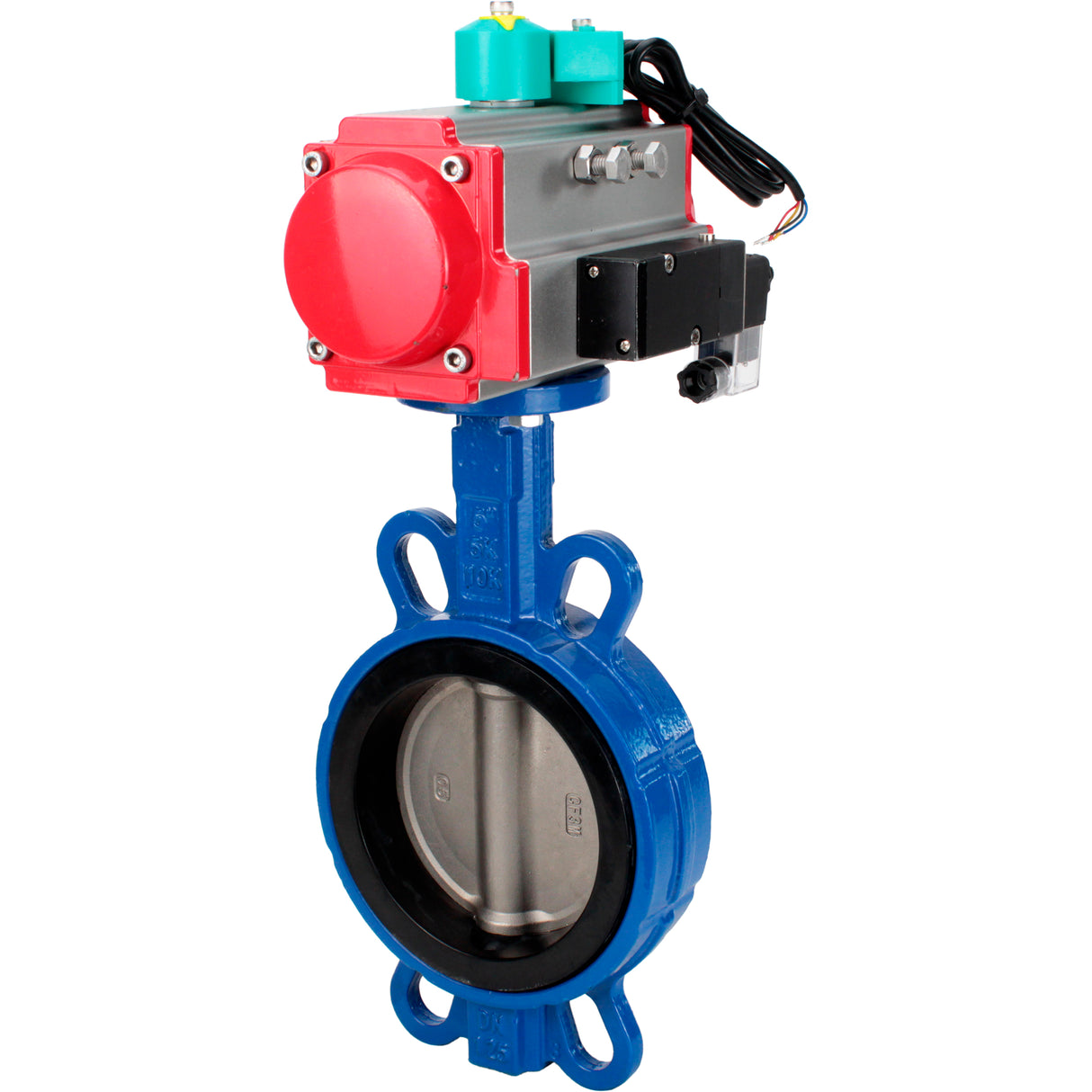 Water Butterfly Valve Elephant WBV3432V-2W-Fb-H DN50-300 16 bar body - WCB carbon steel, disc - 316L stainless steel, seal - Viton, with pneumatic actuator PA-DA-XXX, pneumatic distributor 4M310-08 NAMUR 24V and ALS200D magnetic switch