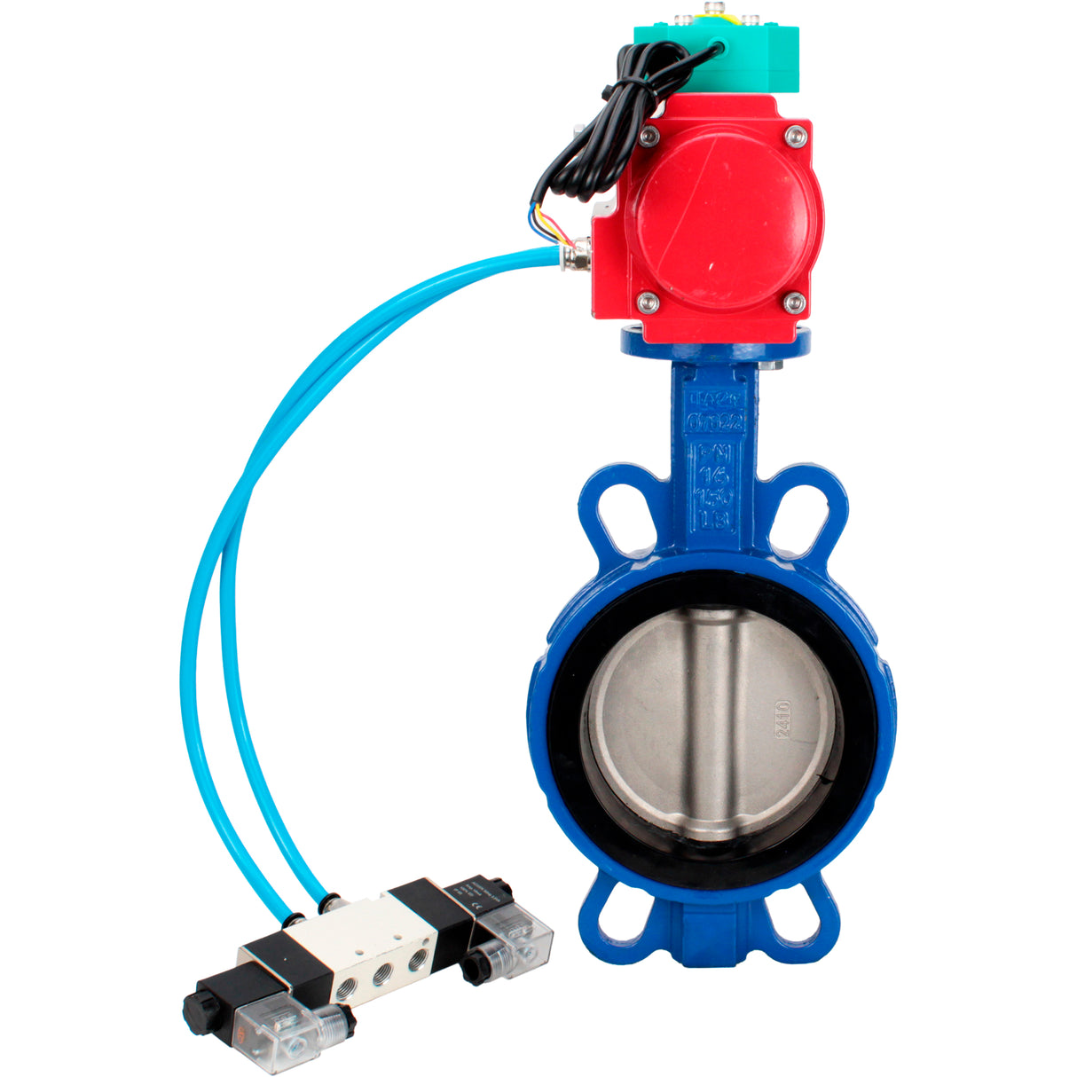 Water Butterfly Valve Elephant WBV3432V-2W-Fb-H DN50-300 16 bar body - WCB carbon steel, disc - 316L stainless steel, seal - Viton, with pneumatic actuator PA-DA-XXX, pneumatic distributor 4V320-10 220V and ALS200D magnetic switch