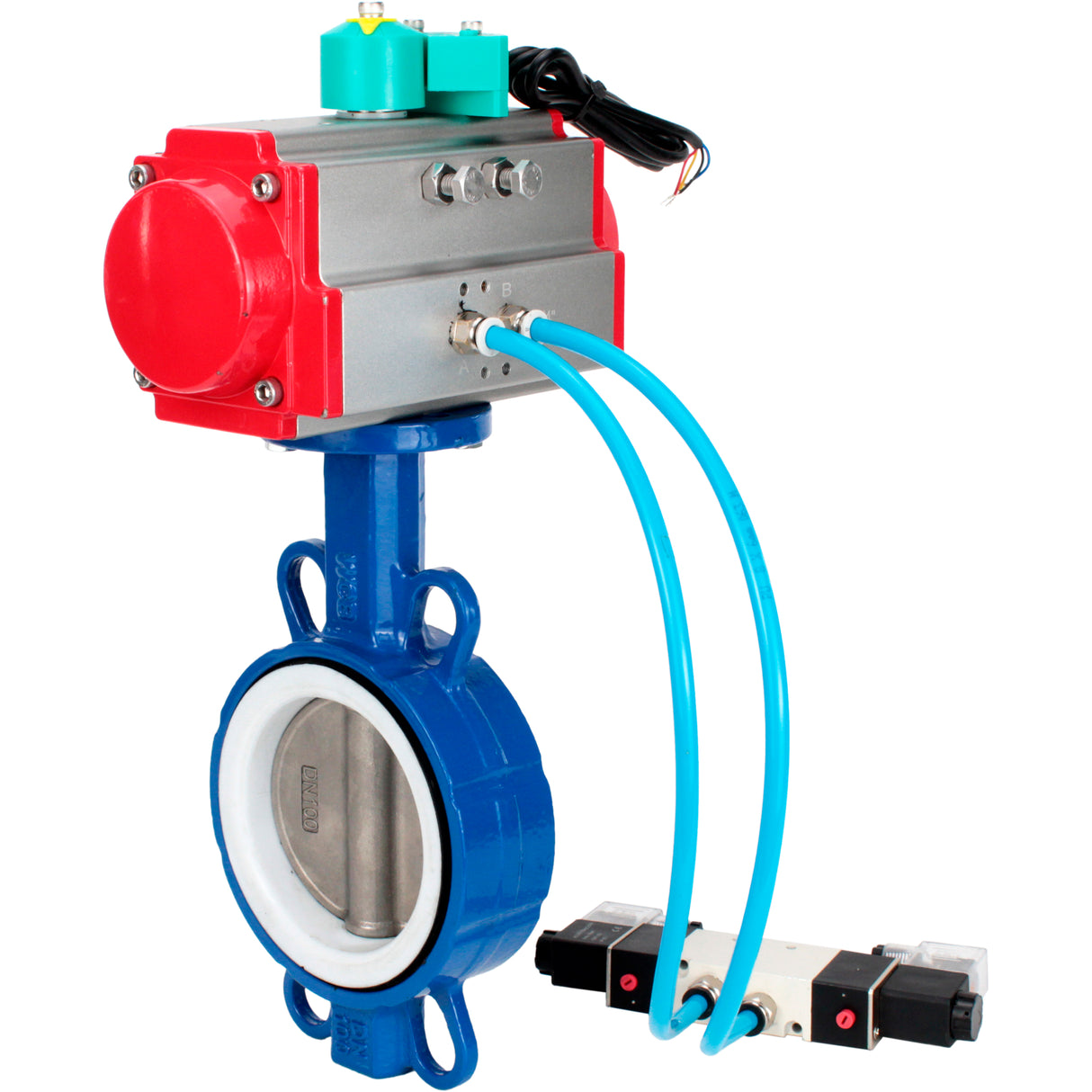 Water Butterfly Valve Elephant WBV3432P-2W-Fb-H DN40-300 16 bar body - WCB carbon steel, disc - 316L stainless steel, seal - PTFE, with pneumatic actuator PA-DA-XXX, pneumatic distributor 4V320-10 220V and ALS200D magnetic switch