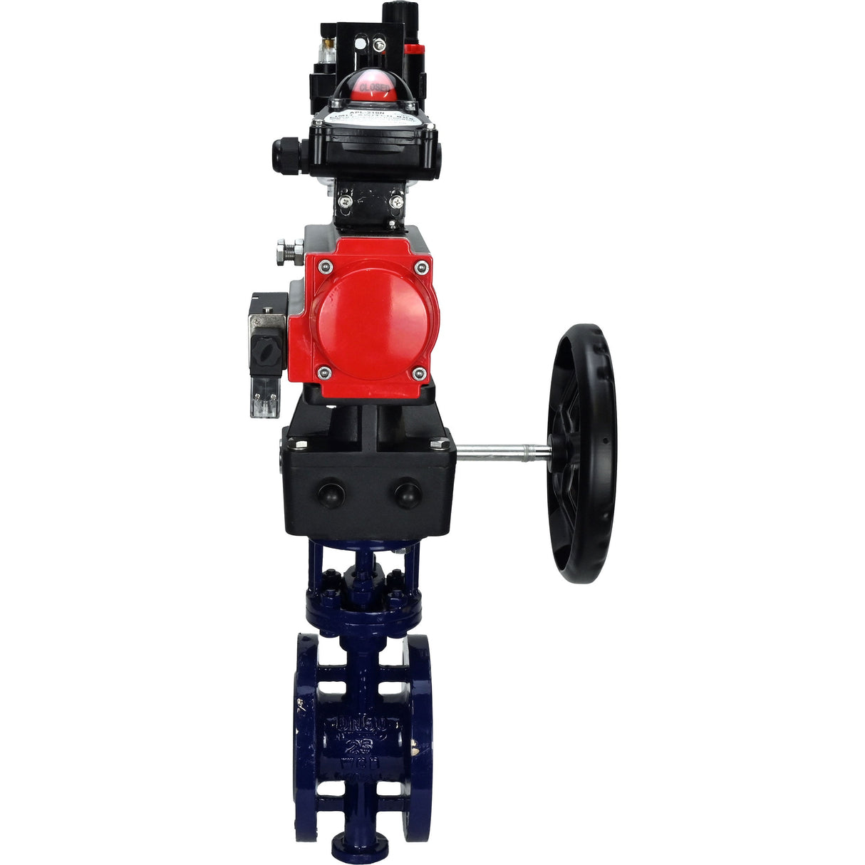 Vanne papillon d'eau Elephant WBV3EX-3432M-1W-F-ISO, matériau du corps - Acier au carbone, matériau du disque - Acier inoxydable AISI 316, joint - Métal, actionneur pneumatique PA-DA double action, 4M310-08 220V, BKV APL-210N, volant MON, BPV AFC2000