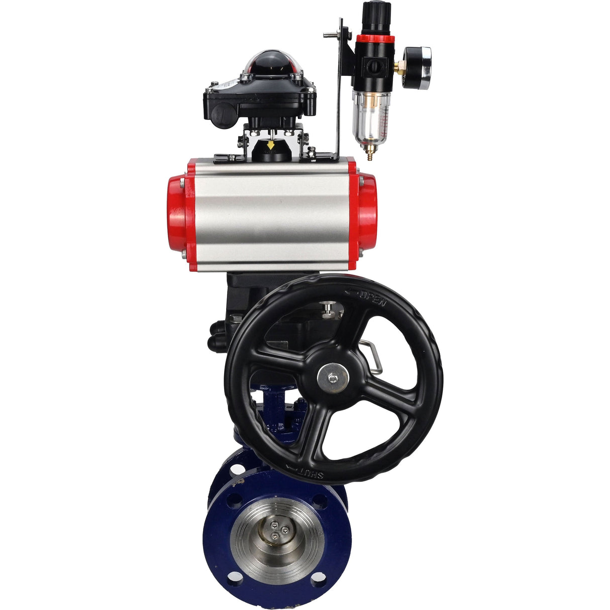 Vanne papillon d'eau Elephant WBV3EX-3432M-1W-F-ISO, matériau du corps - Acier au carbone, matériau du disque - Acier inoxydable AISI 316, joint - Métal, actionneur pneumatique PA-DA double action, 4M310-08 24V, BKV APL-210N, volant MON, BPV AFC2000