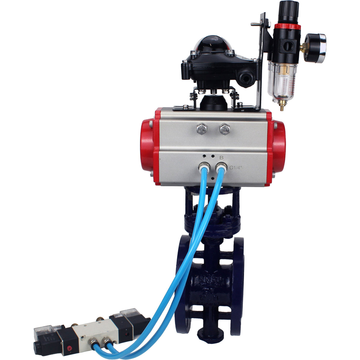 Vanne papillon d'eau Elephant WBV3EX-3432M-1W-F-ISO, matériau du corps - Acier au carbone, matériau du disque - Acier inoxydable AISI 316, joint - Métal, actionneur pneumatique PA-SA avec ressorts de rappel, 4V320-08 220V, BKV APL-210N BPV AFC2000