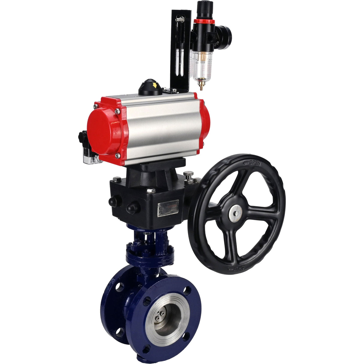 Vanne papillon d'eau Elephant WBV3EX-3432M-1W-F-ISO, matériau du corps - Acier au carbone, matériau du disque - Acier inoxydable AISI 316, joint - Métal, actionneur pneumatique PA-DA double action, volant manuel 4M310-08 220 V MON, BPV AFC2000