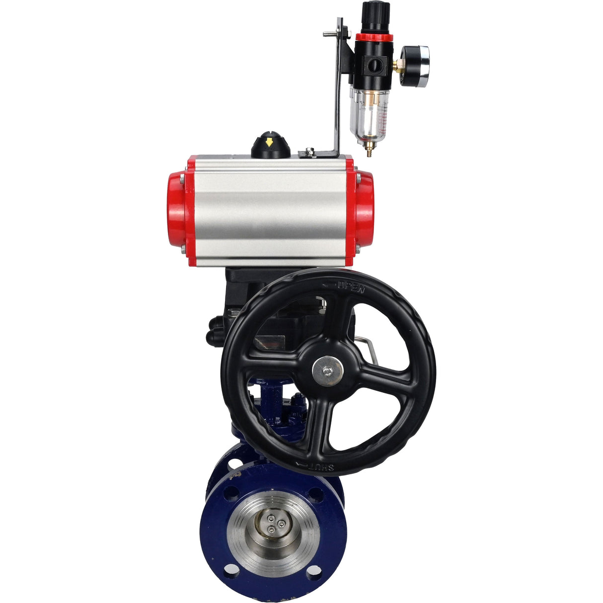 Vanne papillon d'eau Elephant WBV3EX-3432M-1W-F-ISO, matériau du corps - Acier au carbone, matériau du disque - Acier inoxydable AISI 316, joint - Métal, actionneur pneumatique PA-DA double action, volant manuel 4M310-08 220 V MON, BPV AFC2000