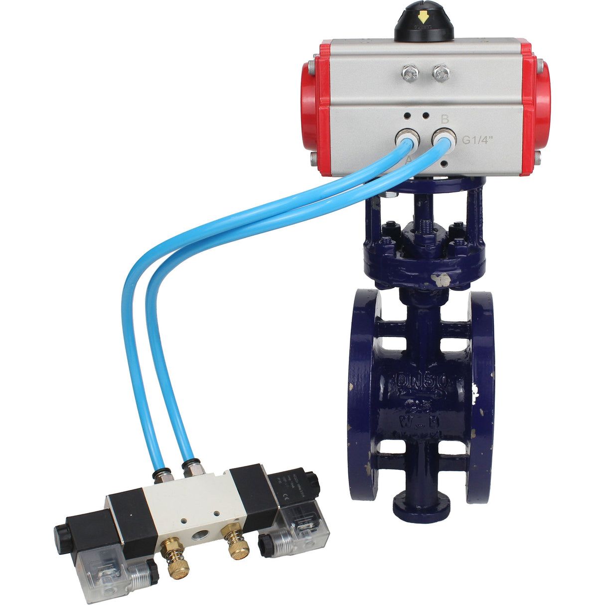 Vanne papillon d'eau Elephant WBV3EX-3432M-1W-F-ISO, matériau du corps - Acier au carbone, matériau du disque - Acier inoxydable AISI 316, joint - Métal, actionneur pneumatique PA-SA avec ressorts de rappel, 4V320-08 220V