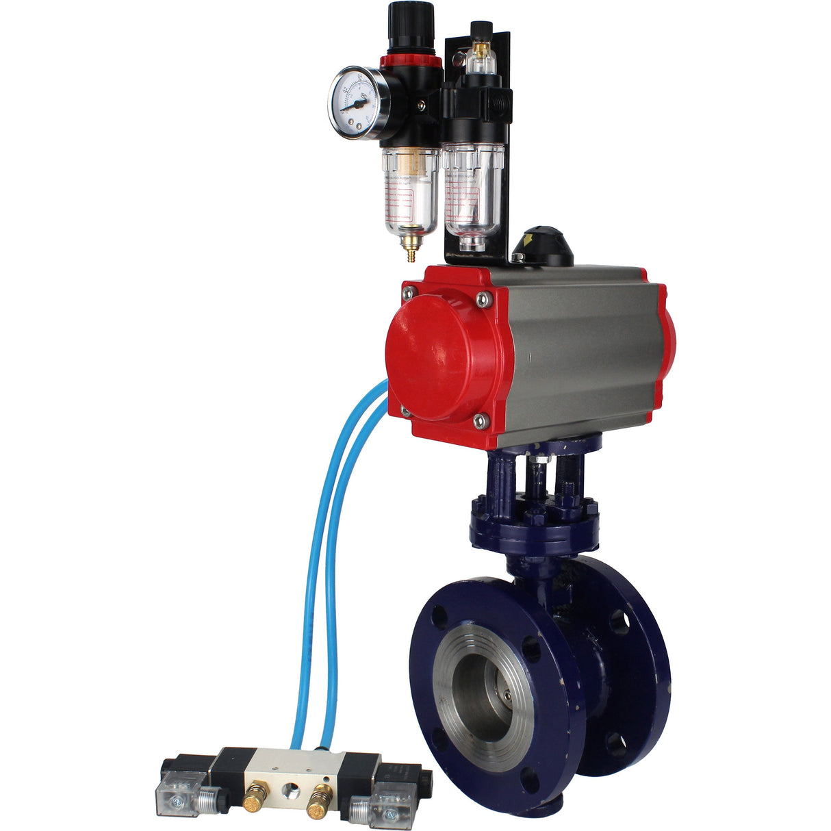 Vanne papillon d'eau Elephant WBV3EX-3432M-1W-F-ISO, matériau du corps - Acier au carbone, matériau du disque - Acier inoxydable AISI 316, joint - Métal, actionneur pneumatique PA-SA avec ressorts de rappel, 4V320-10 220V BPV AFC2000