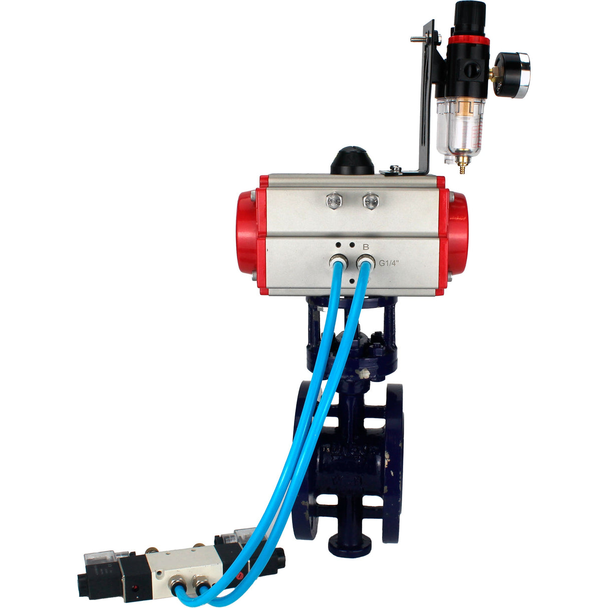 Vanne papillon d'eau Elephant WBV3EX-3432M-1W-F-ISO, matériau du corps - Acier au carbone, matériau du disque - Acier inoxydable AISI 316, joint - Métal, actionneur pneumatique PA-SA avec ressorts de rappel, 4V320-08 220V BPV AFC2000