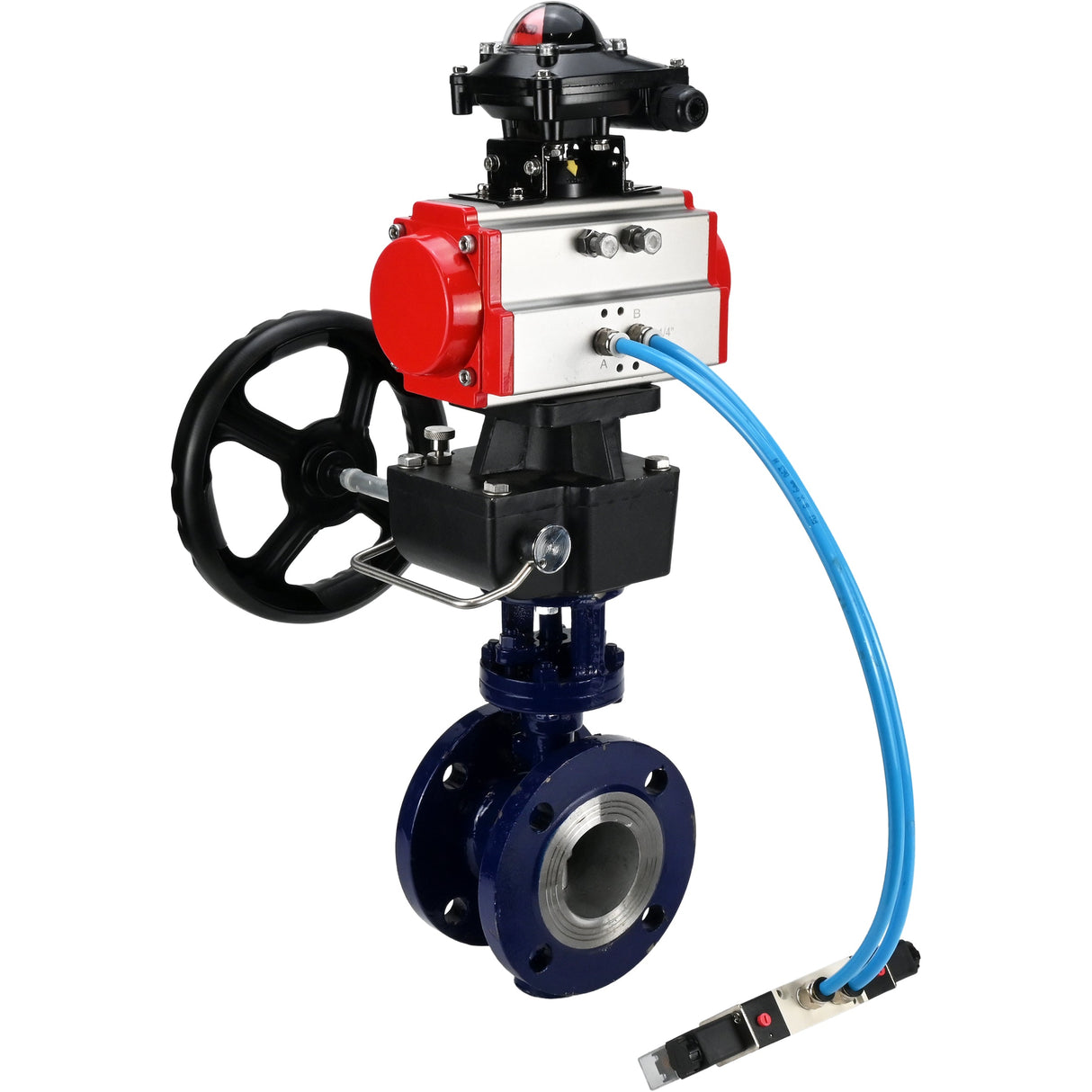 Vanne papillon d'eau Elephant WBV3EX-3432M-1W-F-ISO, matériau du corps - Acier au carbone, matériau du disque - Acier inoxydable AISI 316, joint - Métal, actionneur pneumatique PA-DA double action, 4V320-08 220V, BKV APL-210N, volant MON