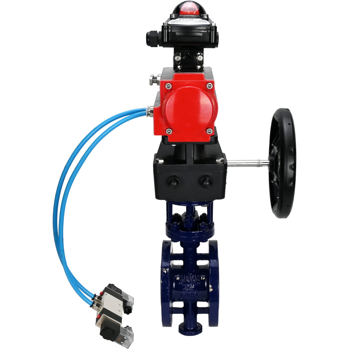 Vanne papillon d'eau Elephant WBV3EX-3432M-1W-F-ISO, matériau du corps - Acier au carbone, matériau du disque - Acier inoxydable AISI 316, joint - Métal, actionneur pneumatique PA-DA double action, 4V320-08 220V, BKV APL-210N, volant MON