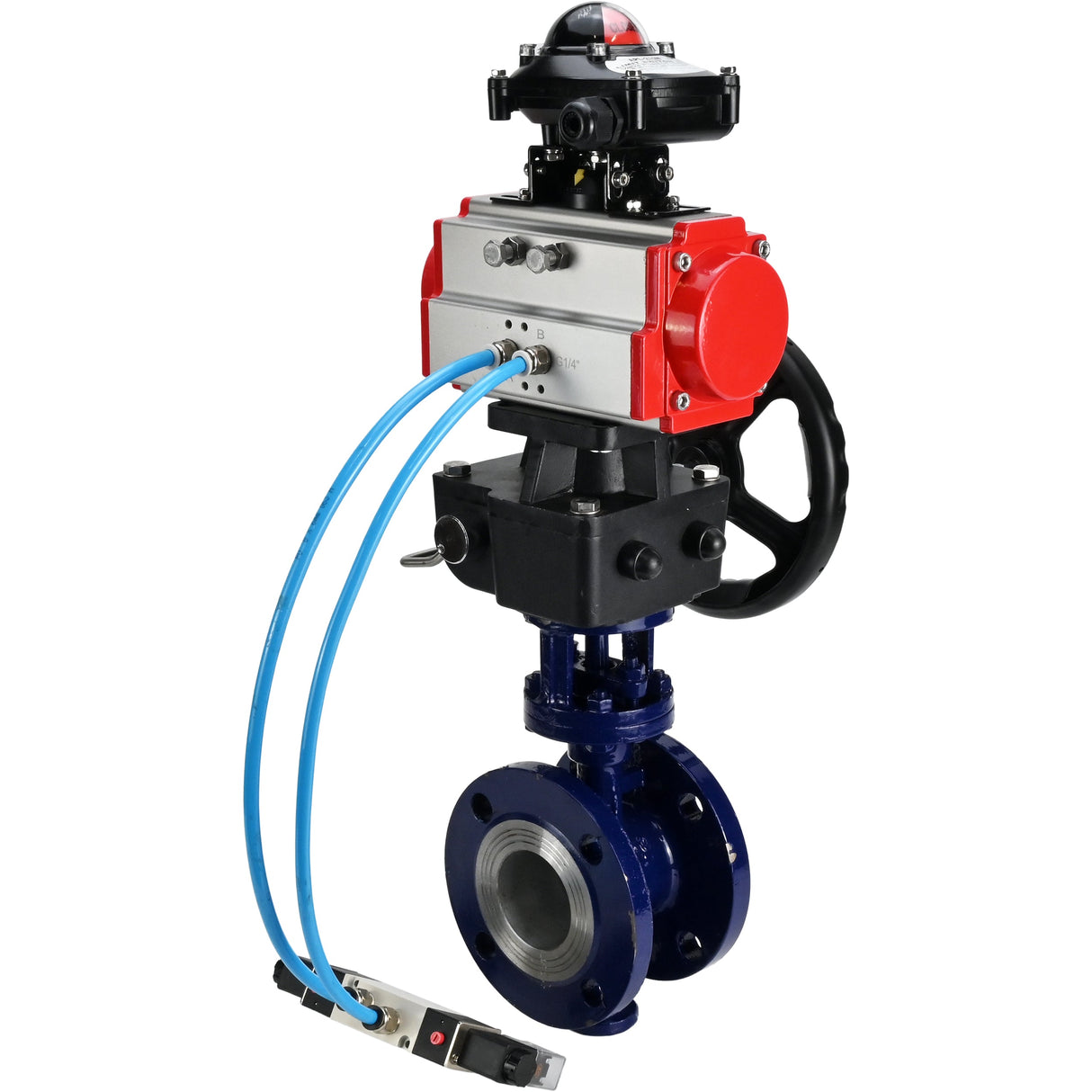 Vanne papillon d'eau Elephant WBV3EX-3431M-1W-F-ISO, matériau du corps - Acier au carbone, matériau du disque - Acier inoxydable AISI 304, joint - Métal, actionneur pneumatique PA-DA double action, 4V320-10 220V, BKV APL-210N, volant MON,