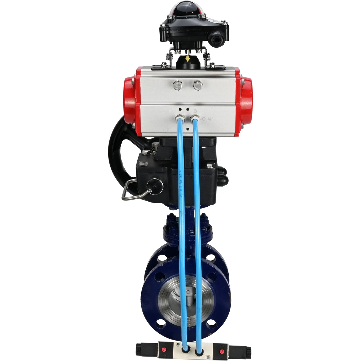 Vanne papillon d'eau Elephant WBV3EX-3432M-1W-F-ISO, matériau du corps - Acier au carbone, matériau du disque - Acier inoxydable AISI 316, joint - Métal, actionneur pneumatique PA-DA double action, 4V320-08 220V, BKV APL-210N, volant MON