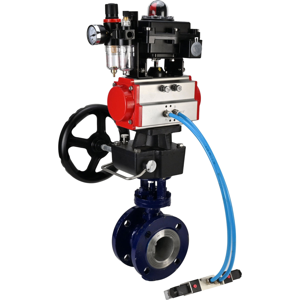 Vanne papillon d'eau Elephant WBV3EX-3432M-1W-F-ISO, matériau du corps - Acier au carbone, matériau du disque - Acier inoxydable AISI 316, joint - Métal, actionneur pneumatique PA-DA double action, 4V320-10 220V, BKV APL-410N EX, volant MON, BPV AFC2000