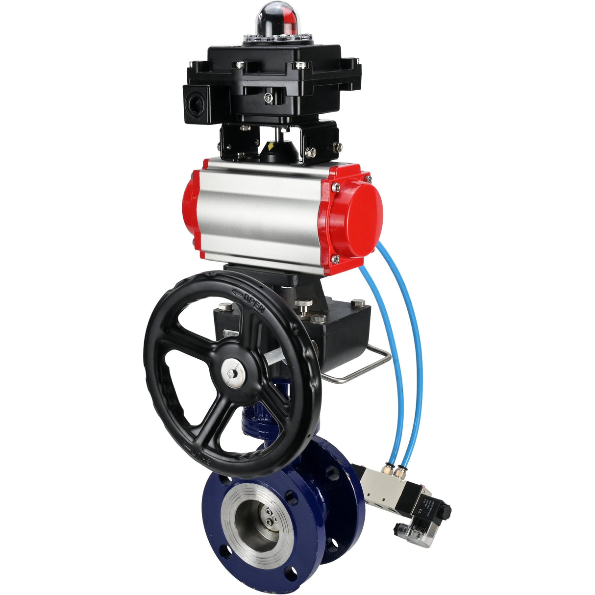 Vanne papillon d'eau Elephant WBV3EX-3432M-1W-F-ISO, matériau du corps - Acier au carbone, matériau du disque - Acier inoxydable AISI 316, joint - Métal, actionneur pneumatique PA-DA double action, 4V320-08 220V, BKV APL-410N EX, volant MON
