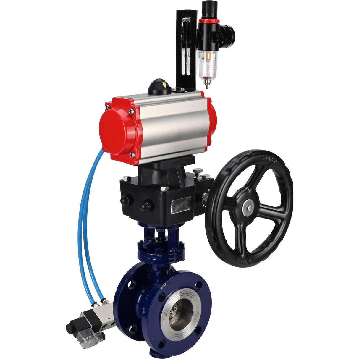 Vanne papillon d'eau Elephant WBV3EX-3432M-1W-F-ISO, matériau du corps - Acier au carbone, matériau du disque - Acier inoxydable AISI 316, joint - Métal, actionneur pneumatique PA-DA double action, volant manuel 4V320-08 220V MON, BPV AFC2000