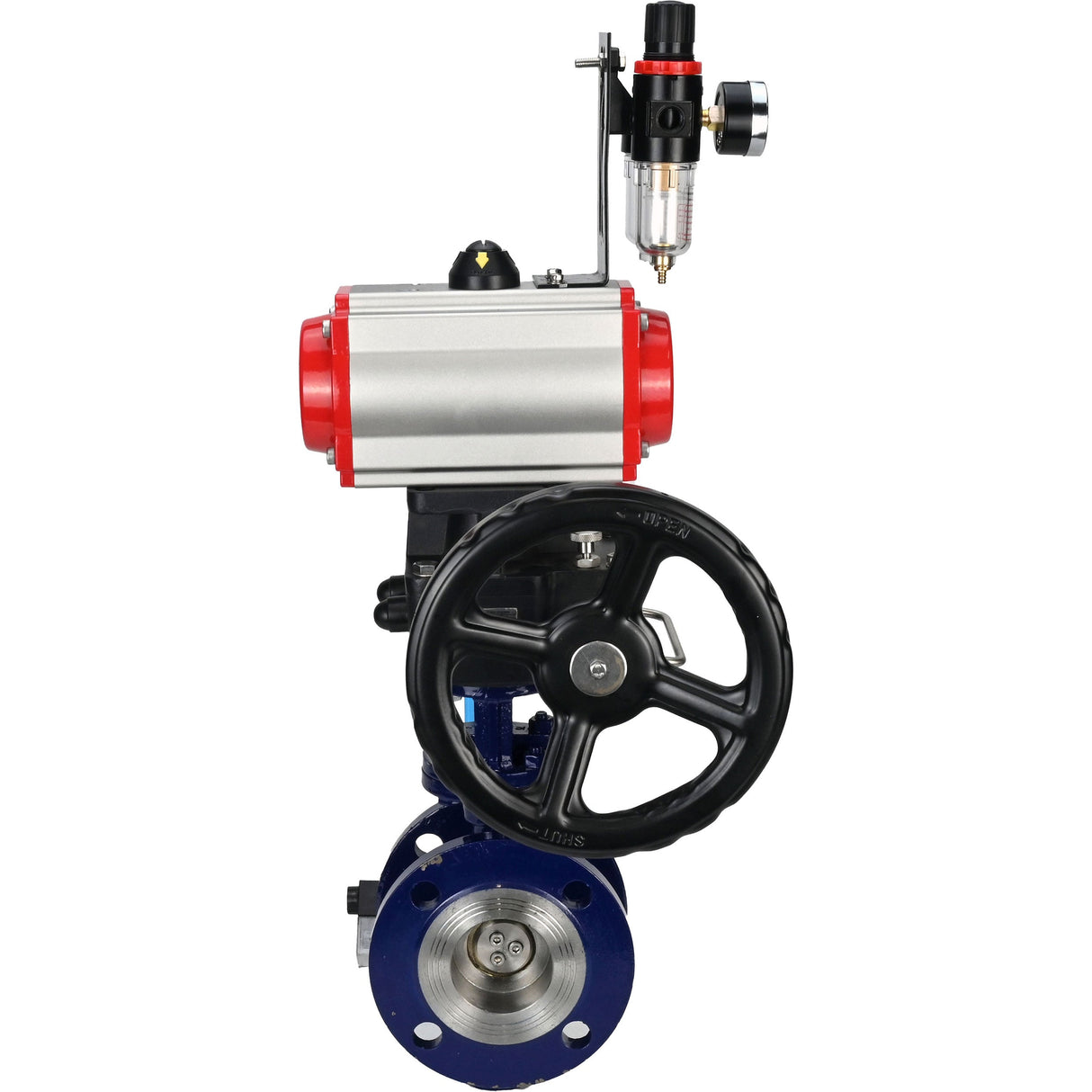 Vanne papillon d'eau Elephant WBV3EX-3432M-1W-F-ISO, matériau du corps - Acier au carbone, matériau du disque - Acier inoxydable AISI 316, joint - Métal, actionneur pneumatique PA-DA double action, volant manuel 4V320-08 220V MON, BPV AFC2000