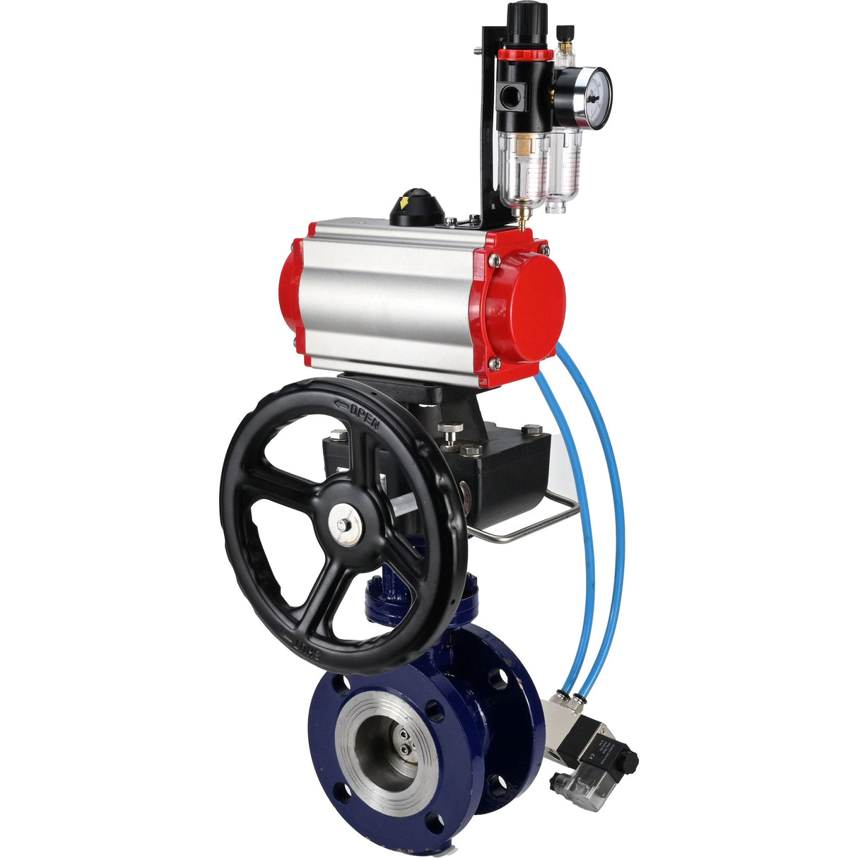 Vanne papillon d'eau Elephant WBV3EX-3432M-1W-F-ISO, matériau du corps - Acier au carbone, matériau du disque - Acier inoxydable AISI 316, joint - Métal, actionneur pneumatique PA-DA double action, volant manuel 4V320-08 220V MON, BPV AFC2000