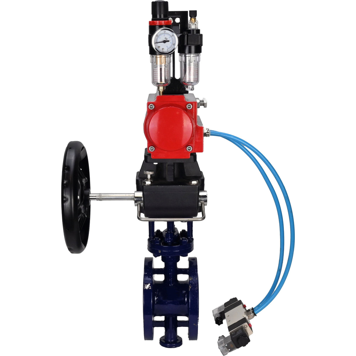 Vanne papillon d'eau Elephant WBV3EX-3432M-1W-F-ISO, matériau du corps - Acier au carbone, matériau du disque - Acier inoxydable AISI 316, joint - Métal, actionneur pneumatique PA-DA double action, volant manuel 4V320-08 220V MON, BPV AFC2000