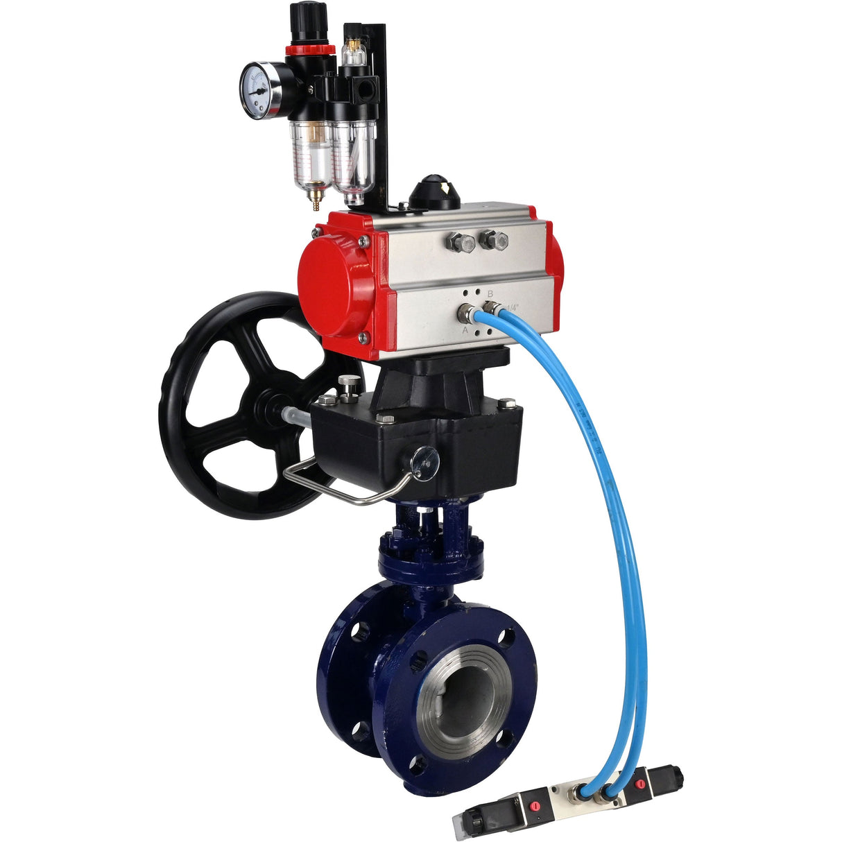 Vanne papillon d'eau Elephant WBV3EX-3432M-1W-F-ISO, matériau du corps - Acier au carbone, matériau du disque - Acier inoxydable AISI 316, joint - Métal, actionneur pneumatique PA-DA double action, volant manuel 4V320-08 220V MON, BPV AFC2000