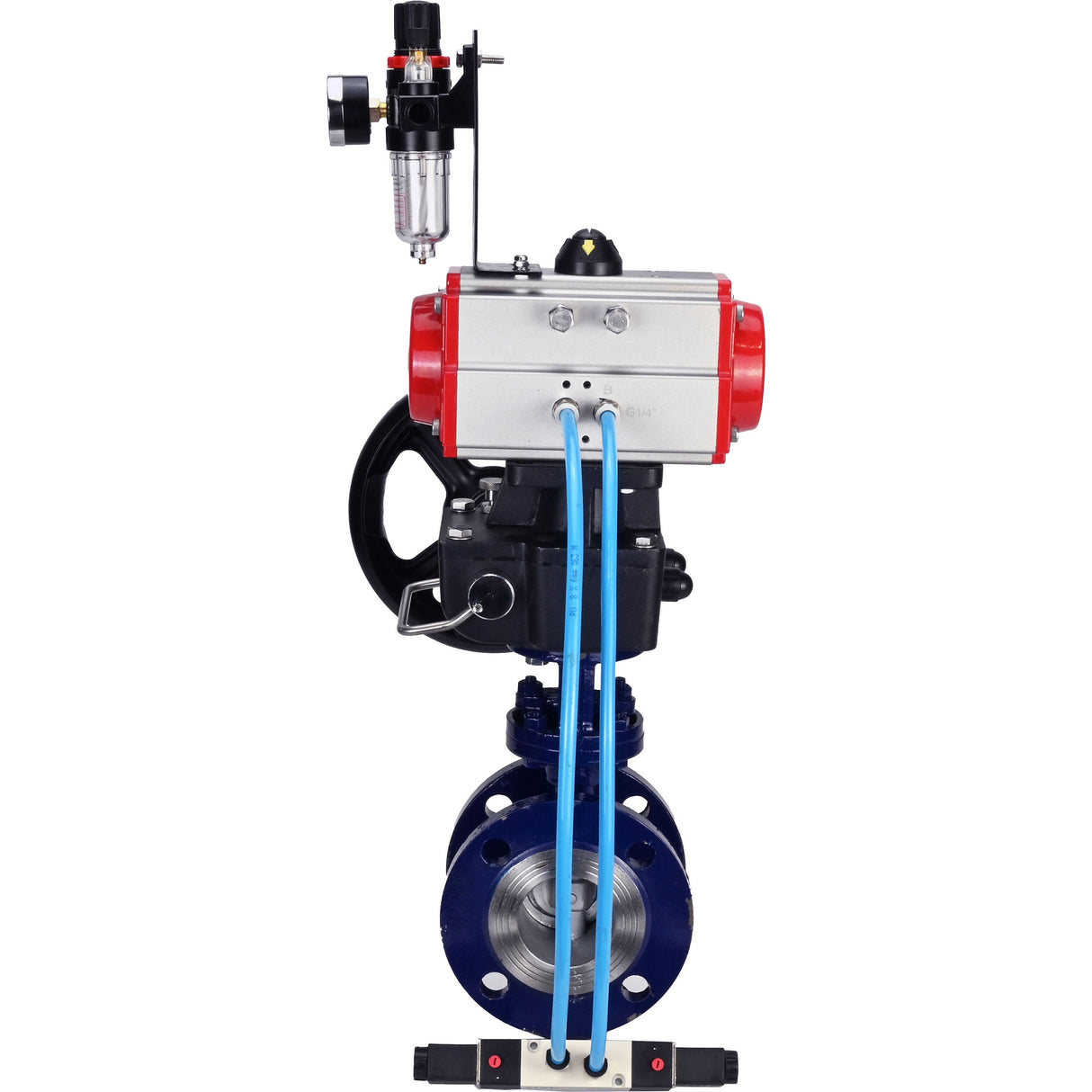 Vanne papillon d'eau Elephant WBV3EX-3432M-1W-F-ISO, matériau du corps - Acier au carbone, matériau du disque - Acier inoxydable AISI 316, joint - Métal, actionneur pneumatique PA-DA double action, volant manuel 4V320-08 220V MON, BPV AFC2000