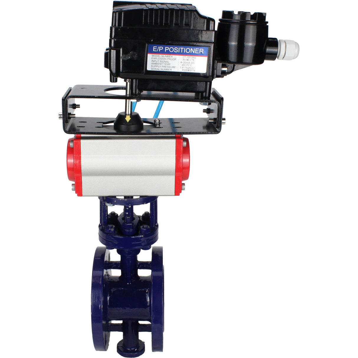 Vanne papillon d'eau Elephant WBV3EX-3432M-1W-F-ISO, matériau du corps - Acier au carbone, matériau du disque - Acier inoxydable AISI 316, joint - Métal, actionneur pneumatique PA-SA avec ressorts de rappel, positionneur YT-1000RSN avec rétroaction