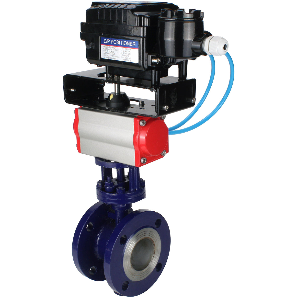 Vanne papillon d'eau Elephant WBV3EX-3432M-1W-F-ISO, matériau du corps - Acier au carbone, matériau du disque - Acier inoxydable AISI 316, joint - Métal, actionneur pneumatique PA-SA avec ressorts de rappel, positionneur YT-1000RSN avec rétroaction